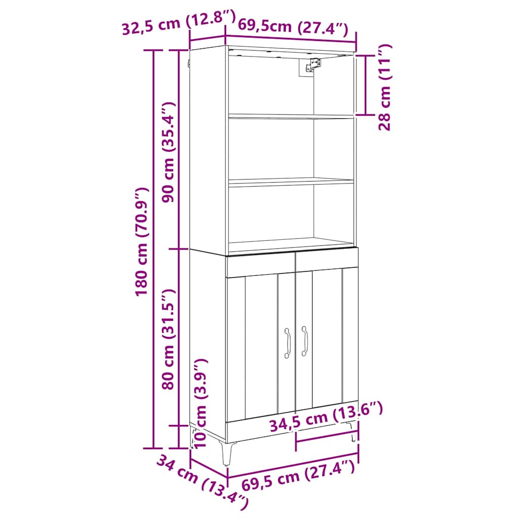 Highboard Umjetnički hrast 69,5 x 34 x 180 cm Konstruirano drvo
