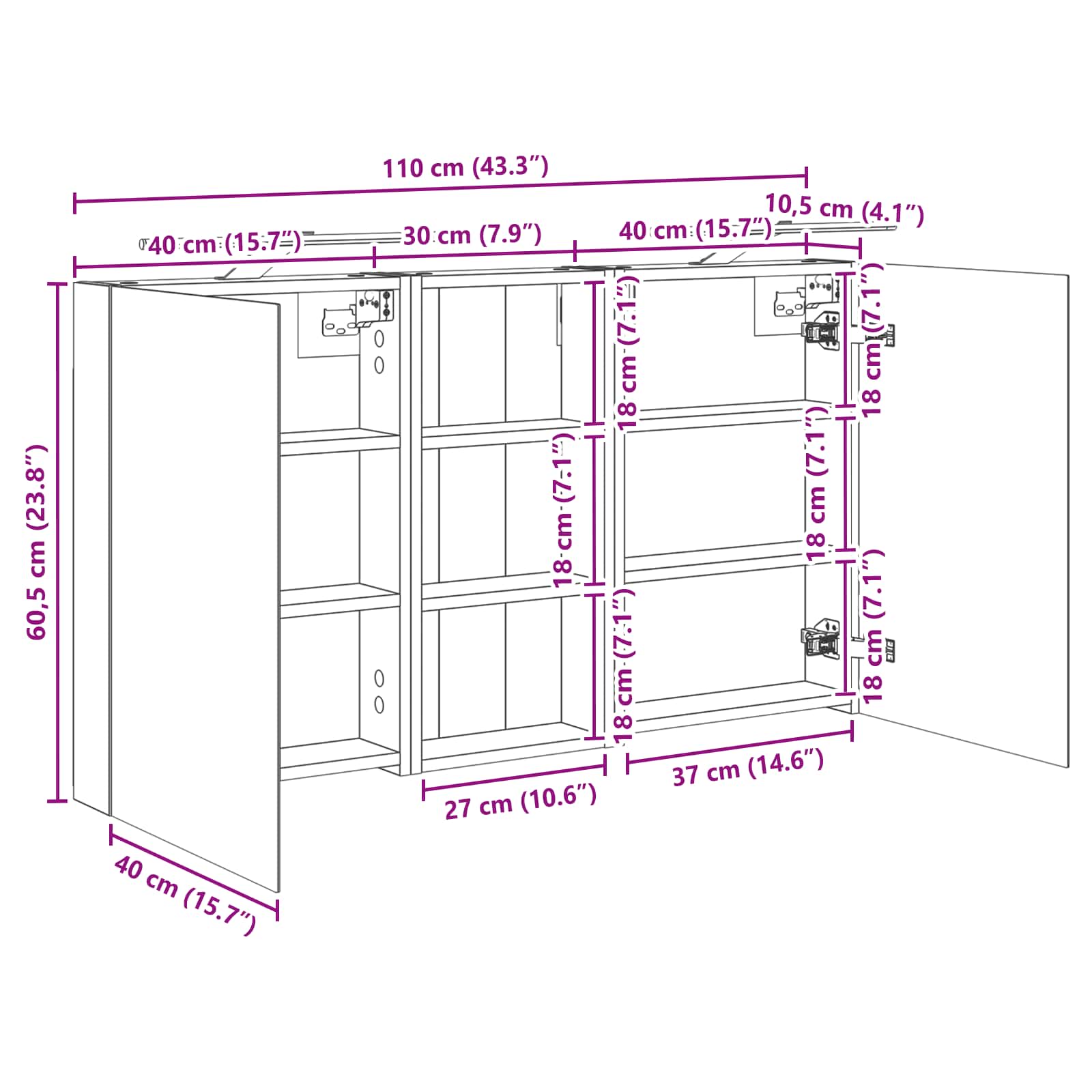 Set ormarića za kupaonicu s policom 3 pcs 110 x 10,5 x 60,5 cm