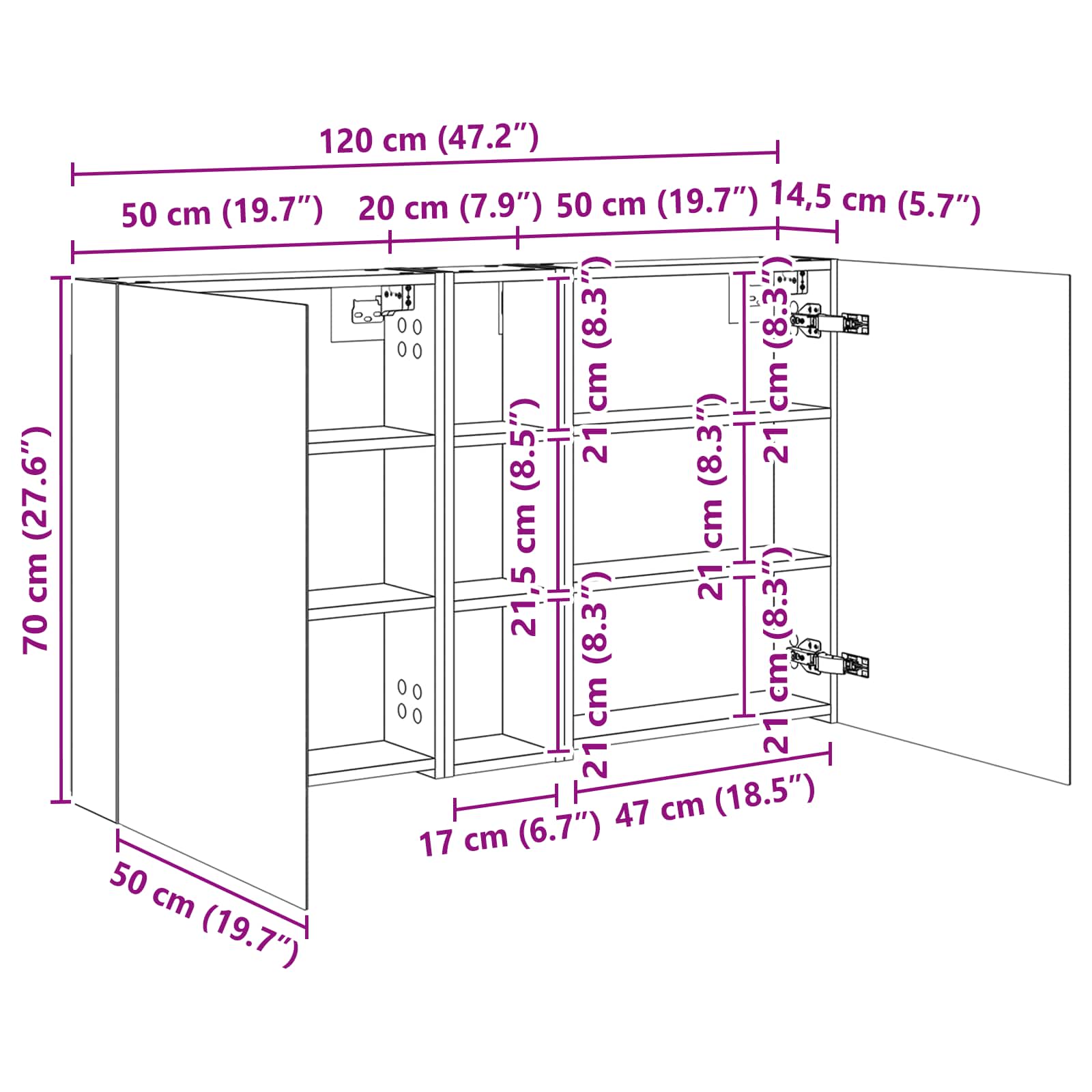 Set ormarića za kupaonicu s policom 3 pcs 120 x 14,5 x 70 cm