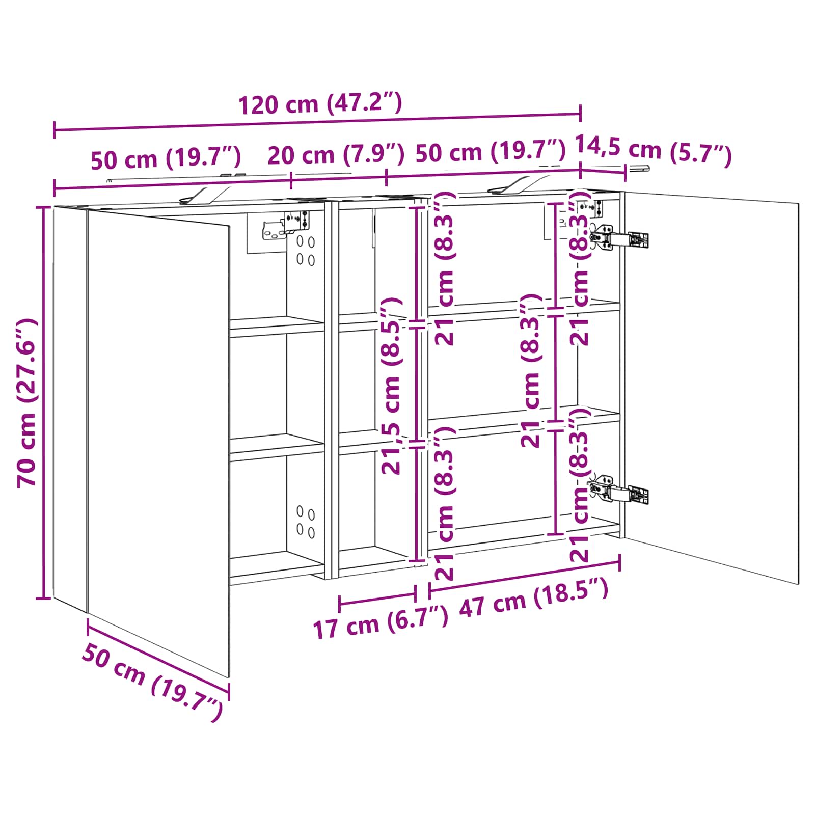 Set ormarića za kupaonicu s policom 3 pcs 120 x 14,5 x 70 cm