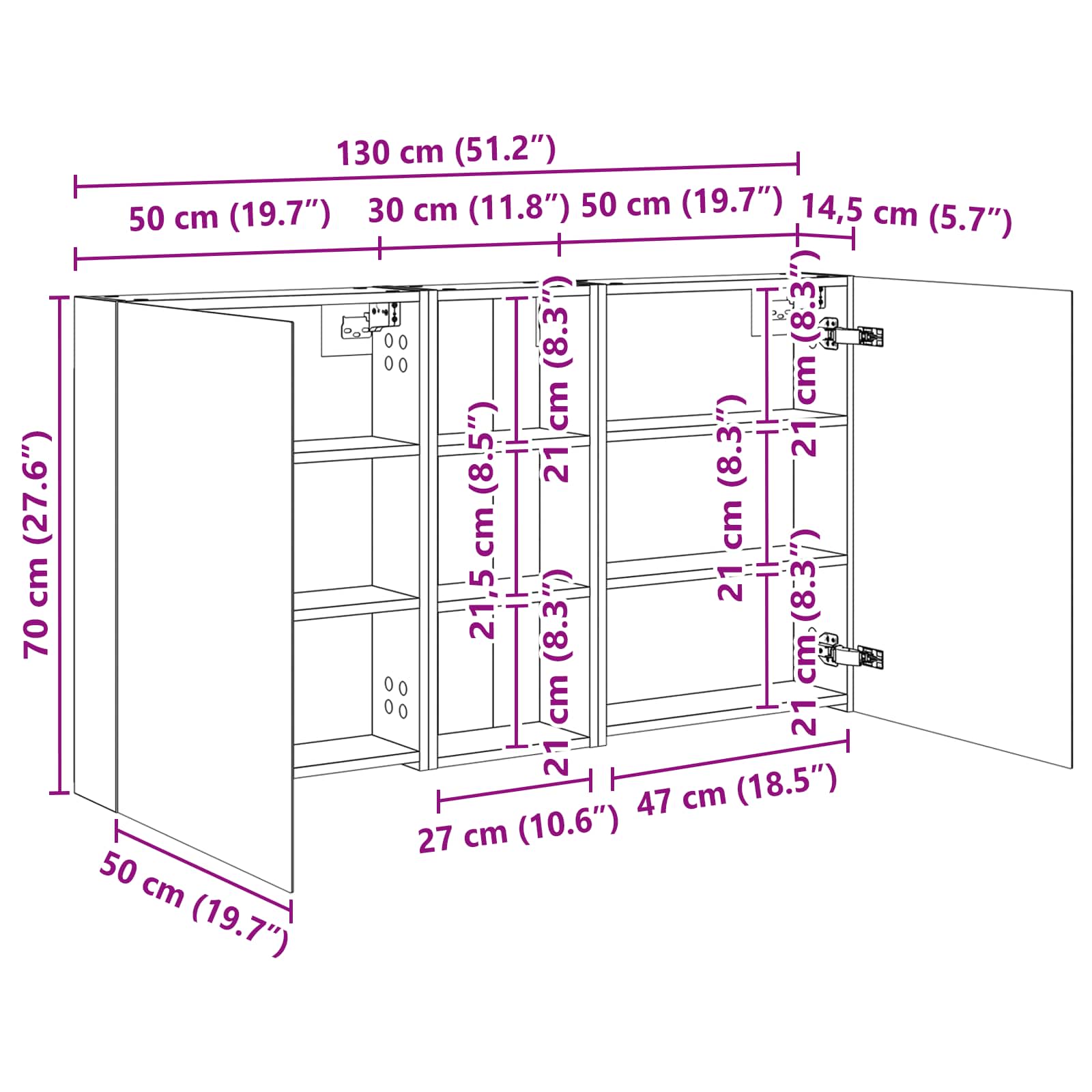 Set ormarića za kupaonicu s policom 3 pcs 130 x 14,5 x 70 cm