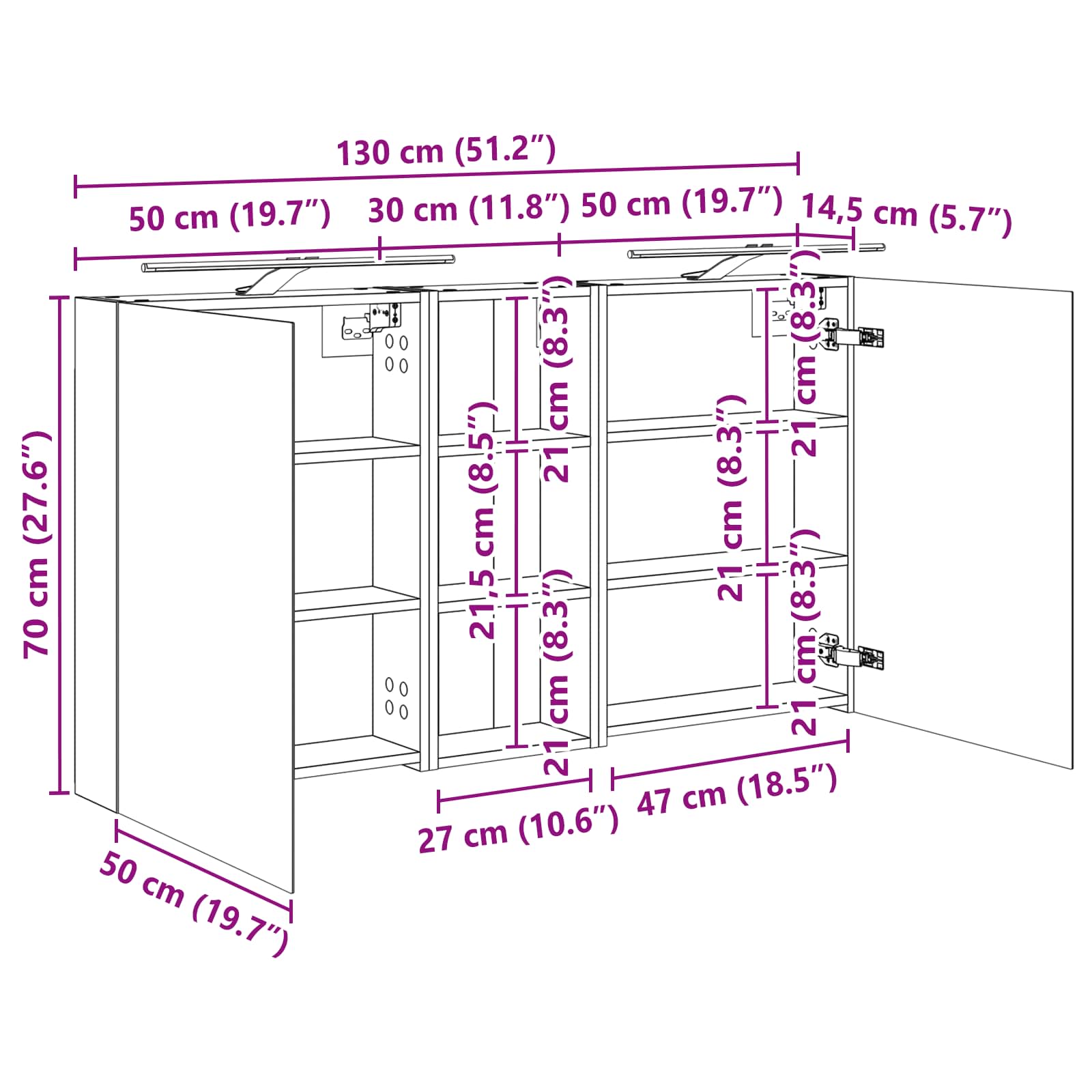 Set ormarića za kupaonicu s policom 3 pcs 130 x 14,5 x 70 cm