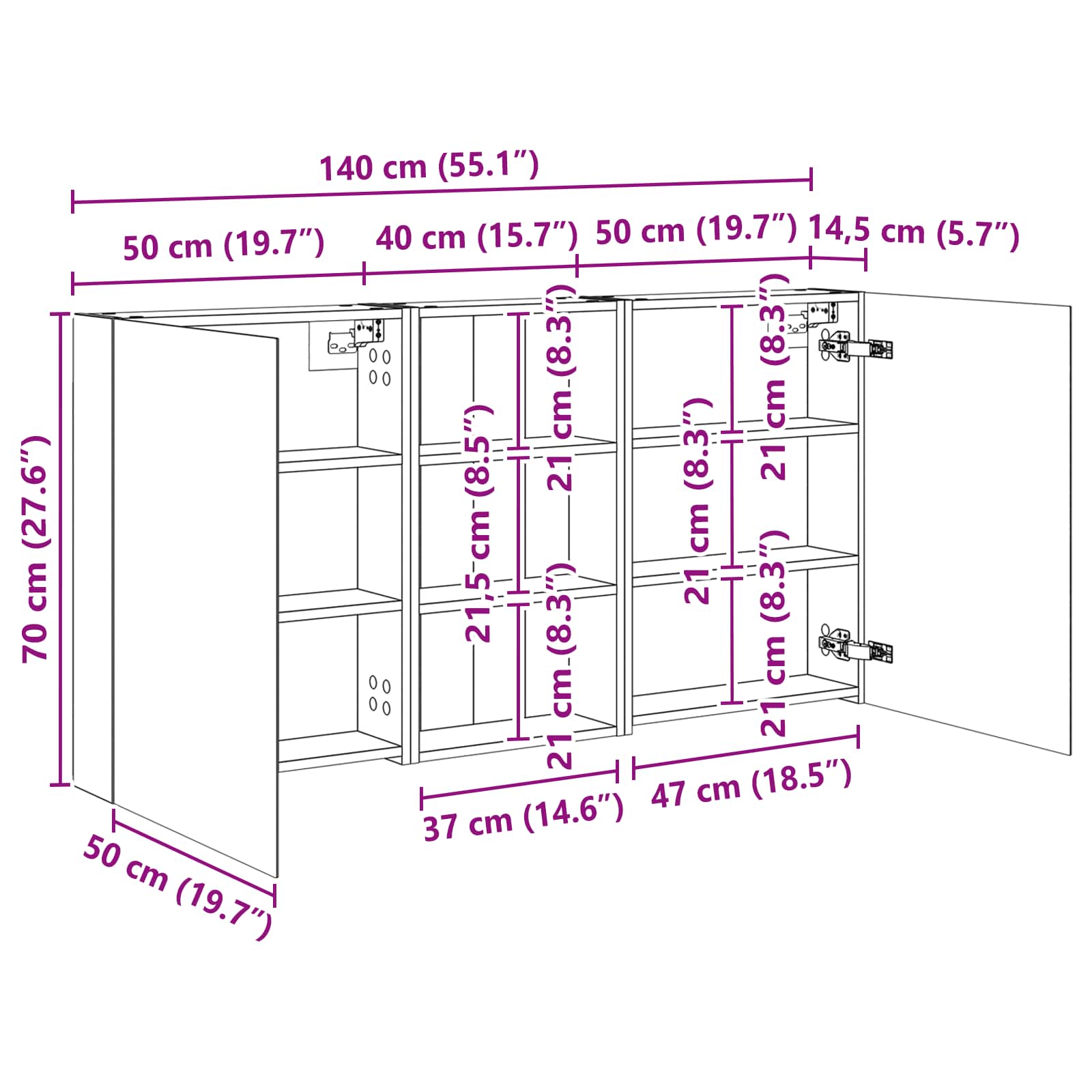 Set ormarića za kupaonicu s policom 3 pcs 140 x 14,5 x 70 cm