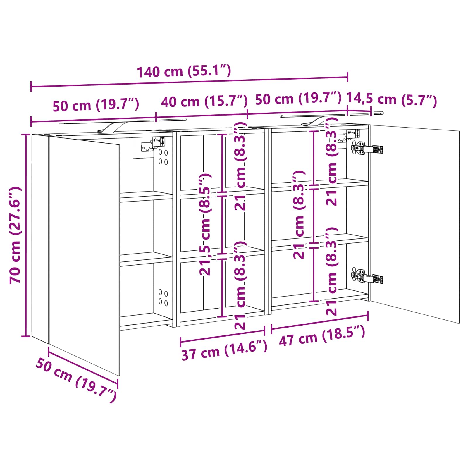 Set ormarića za kupaonicu s policom 3 pcs 140 x 14,5 x 70 cm