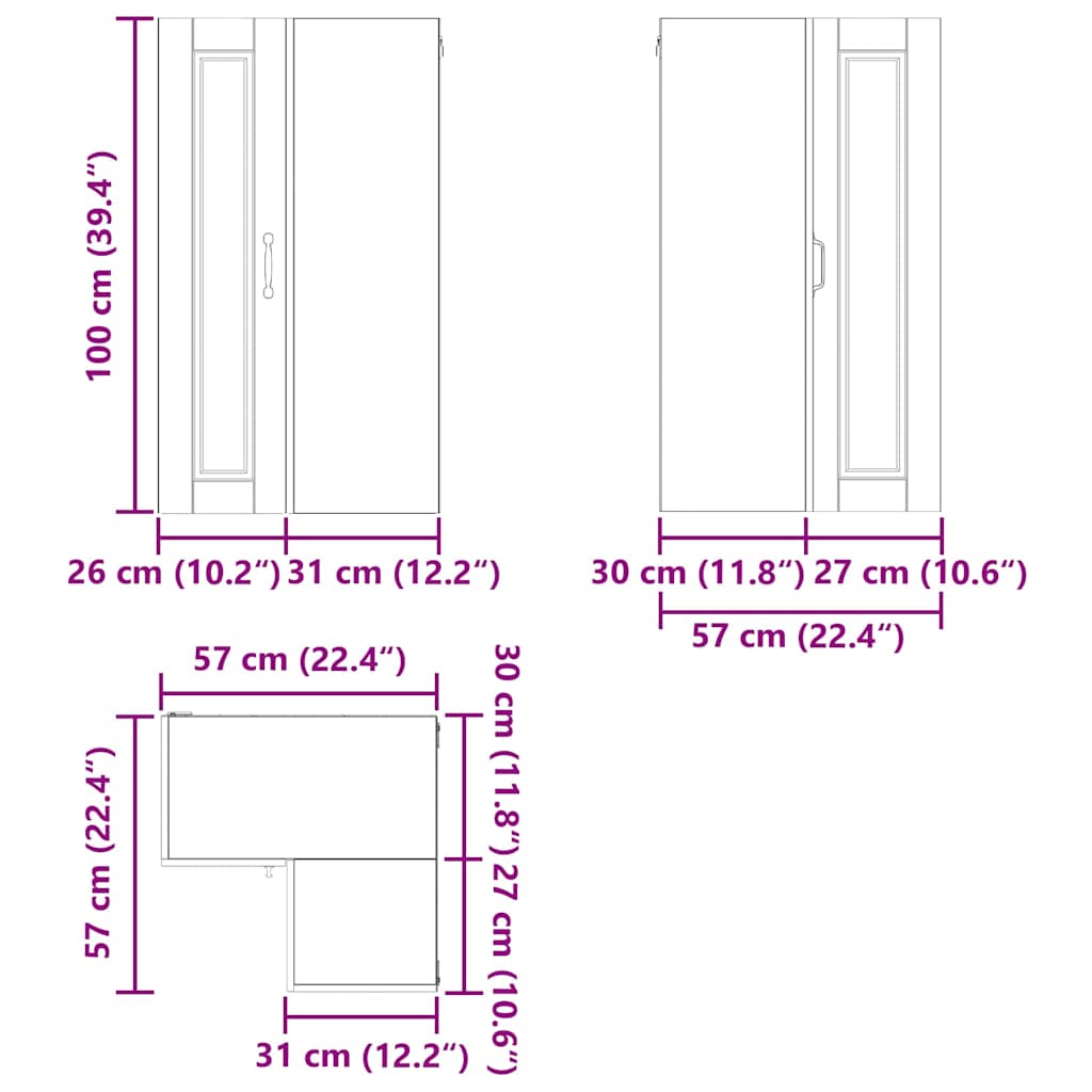 Zidni kutni ormar Visoki sjaj bijela 57 x 57 x 100 cm