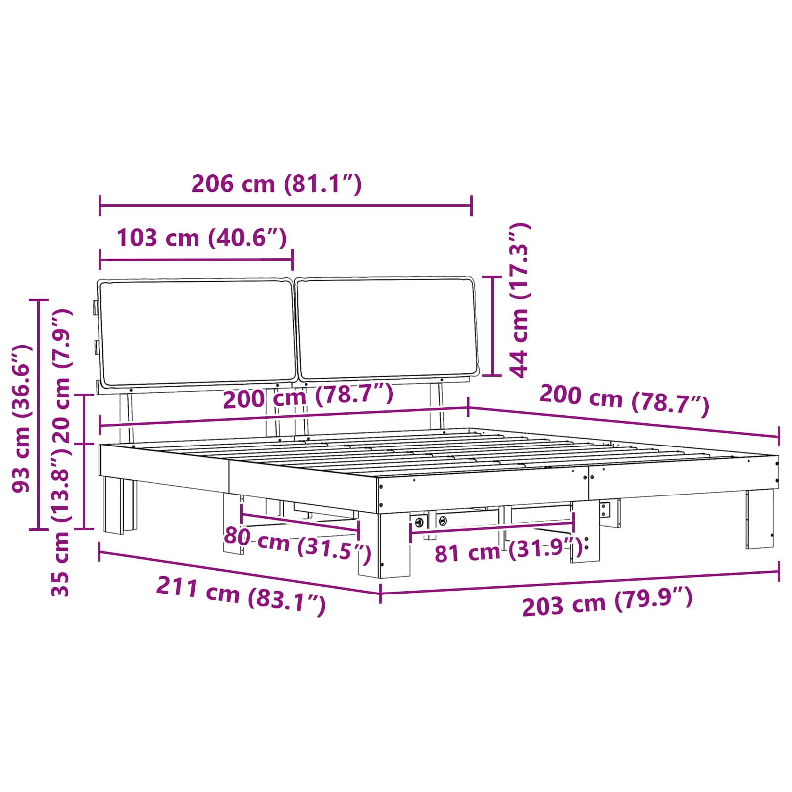 Krevetni okvir s tapiciranim uzglavljem Crna 200 x 200 cm