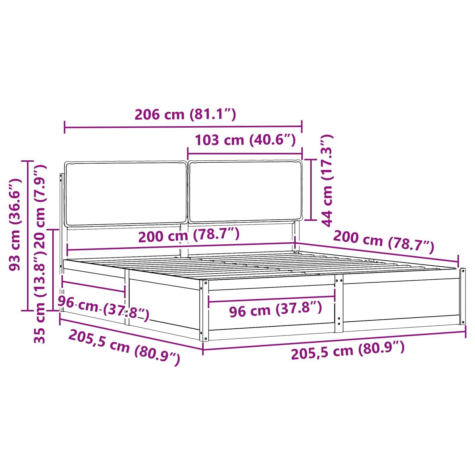 Krevetni okvir s tapiciranim uzglavljem Crna 200 x 200 cm