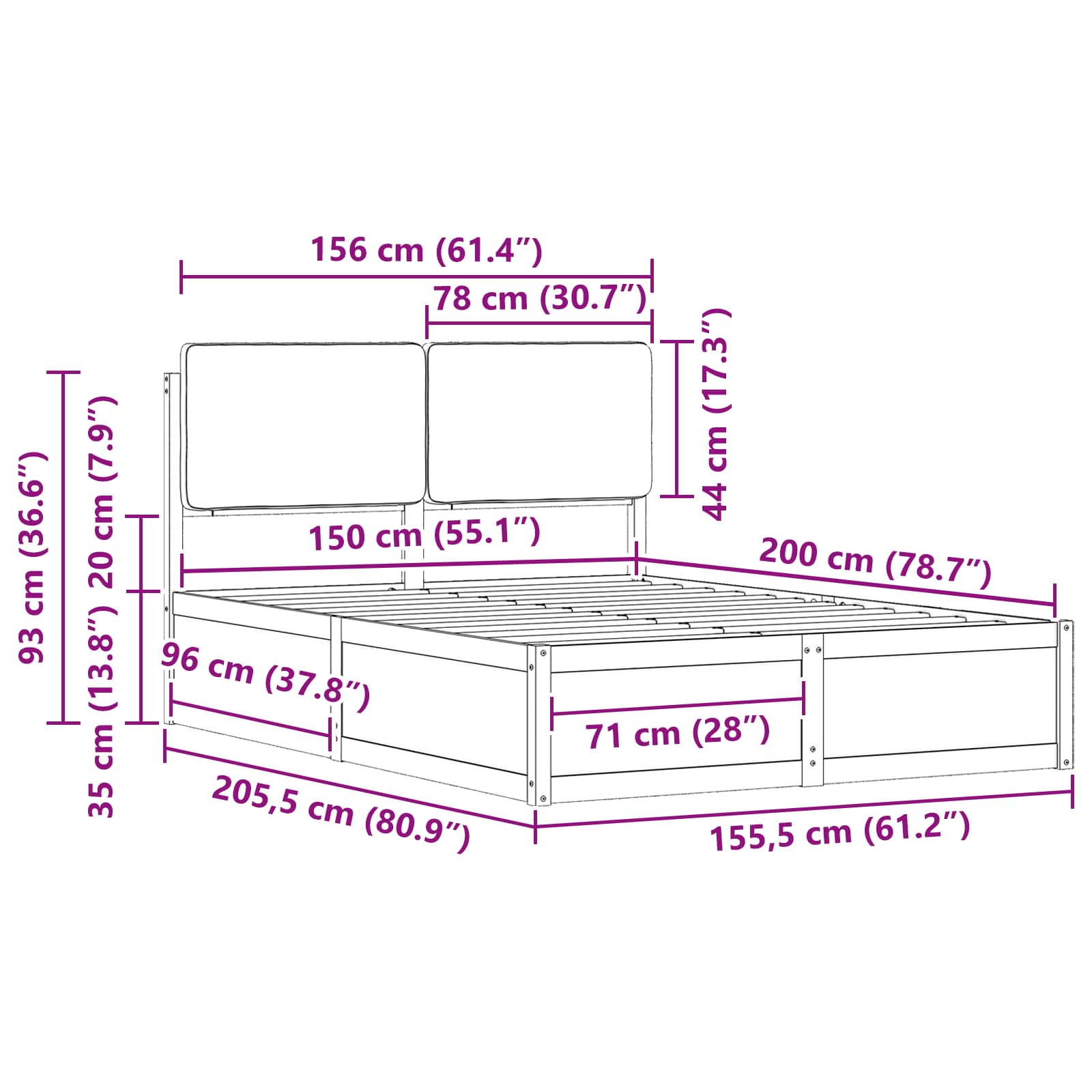 Krevetni okvir s tapiciranim uzglavljem Crna 150 x 200 cm