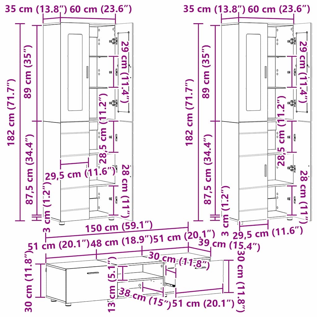 Set TV komoda s ladicama FLORIN 3 pcs Crna Konstruirano drvo