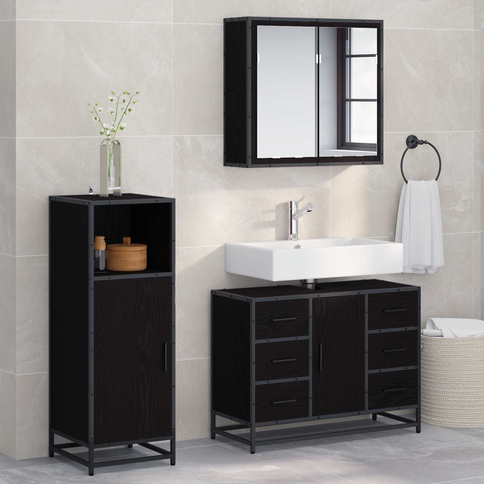 Set namještaja za kupaonicu 3 pcs Crni hrast Konstruirano drvo