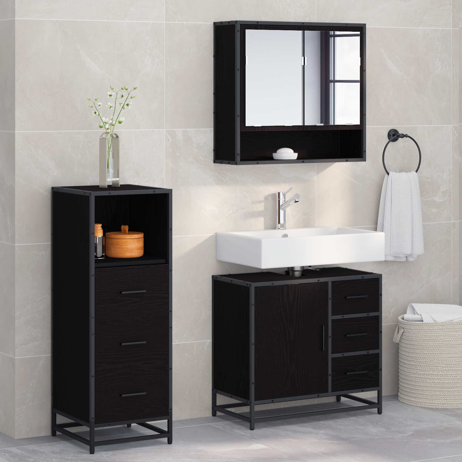 Set namještaja za kupaonicu 3 pcs Crni hrast Konstruirano drvo