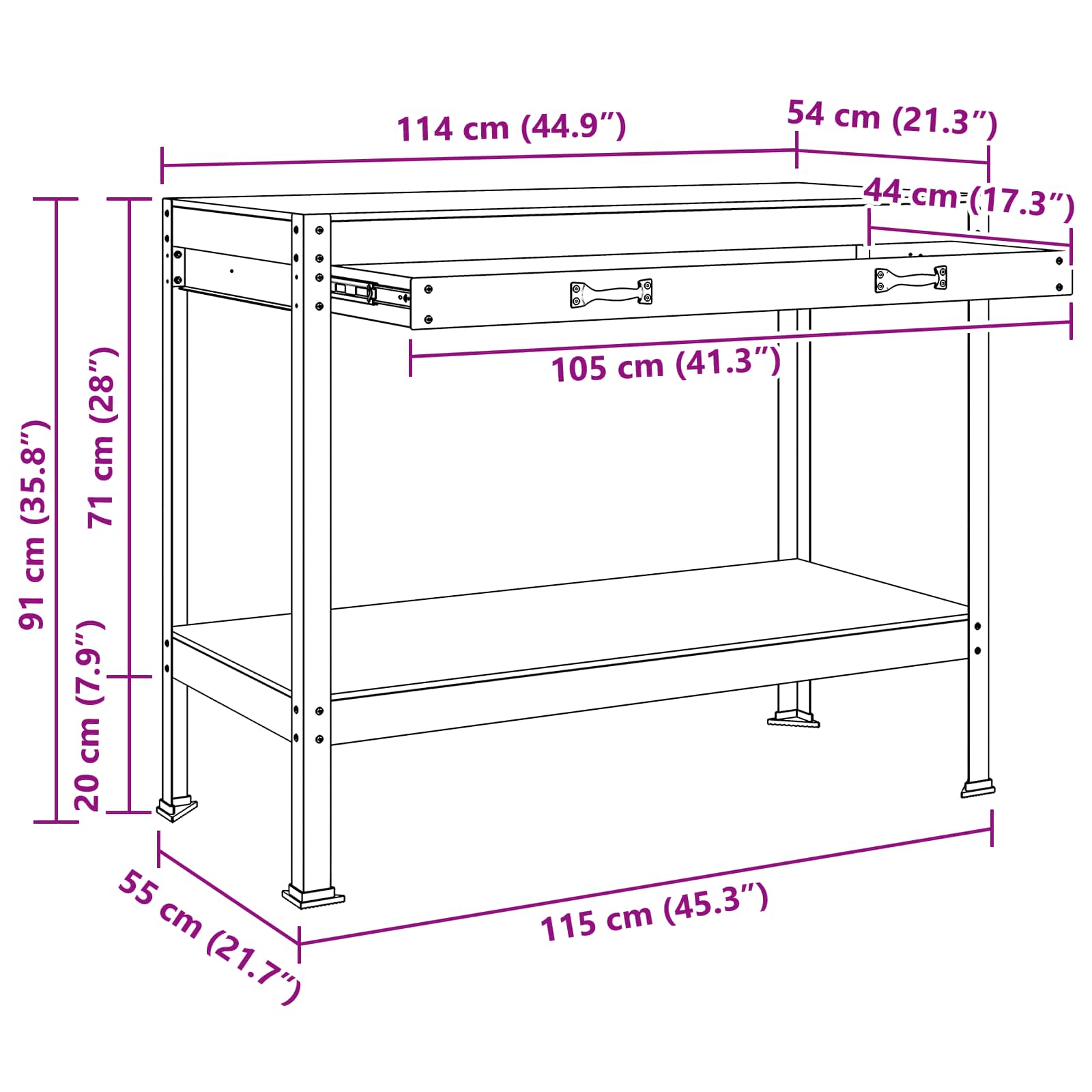 Radna klupa Crna 114 x 54 x 91 cm Projektirano drvo i metal