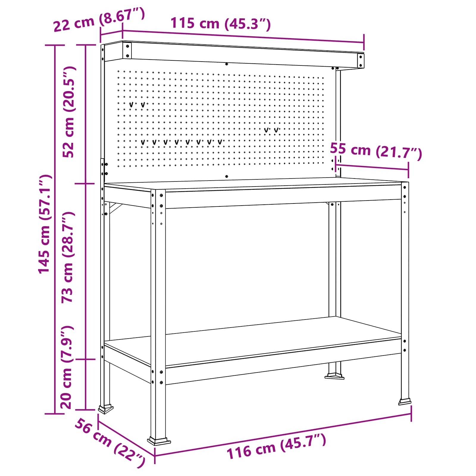 Radna klupa Crna 114 x 54 x 145 cm Projektirano drvo i metal