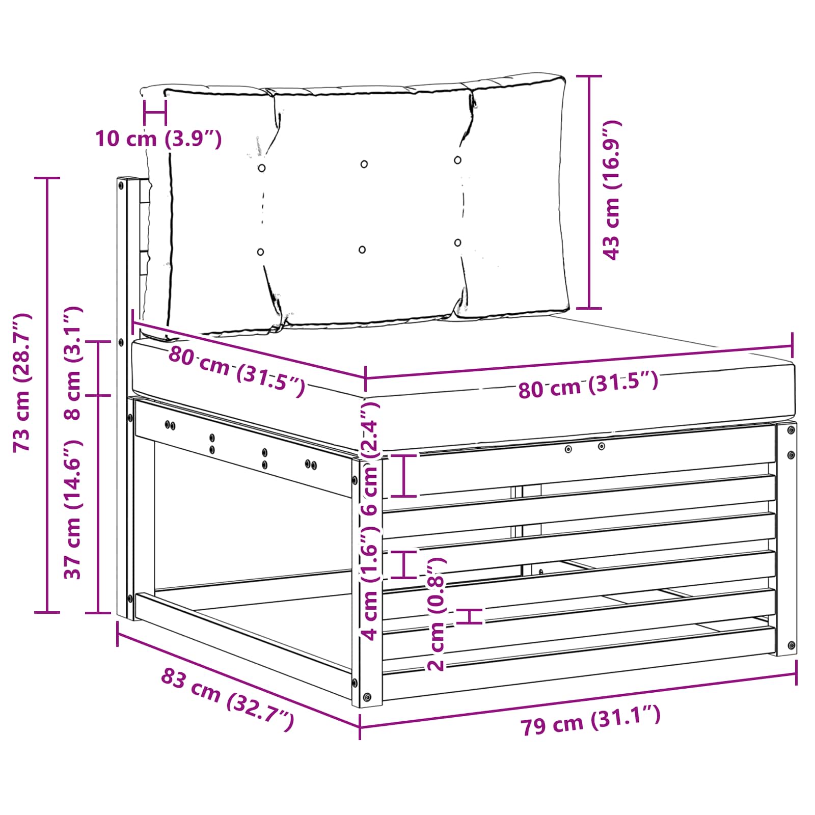 Vanjska srednja sofa Čvrsto drvo akacije Prirodna