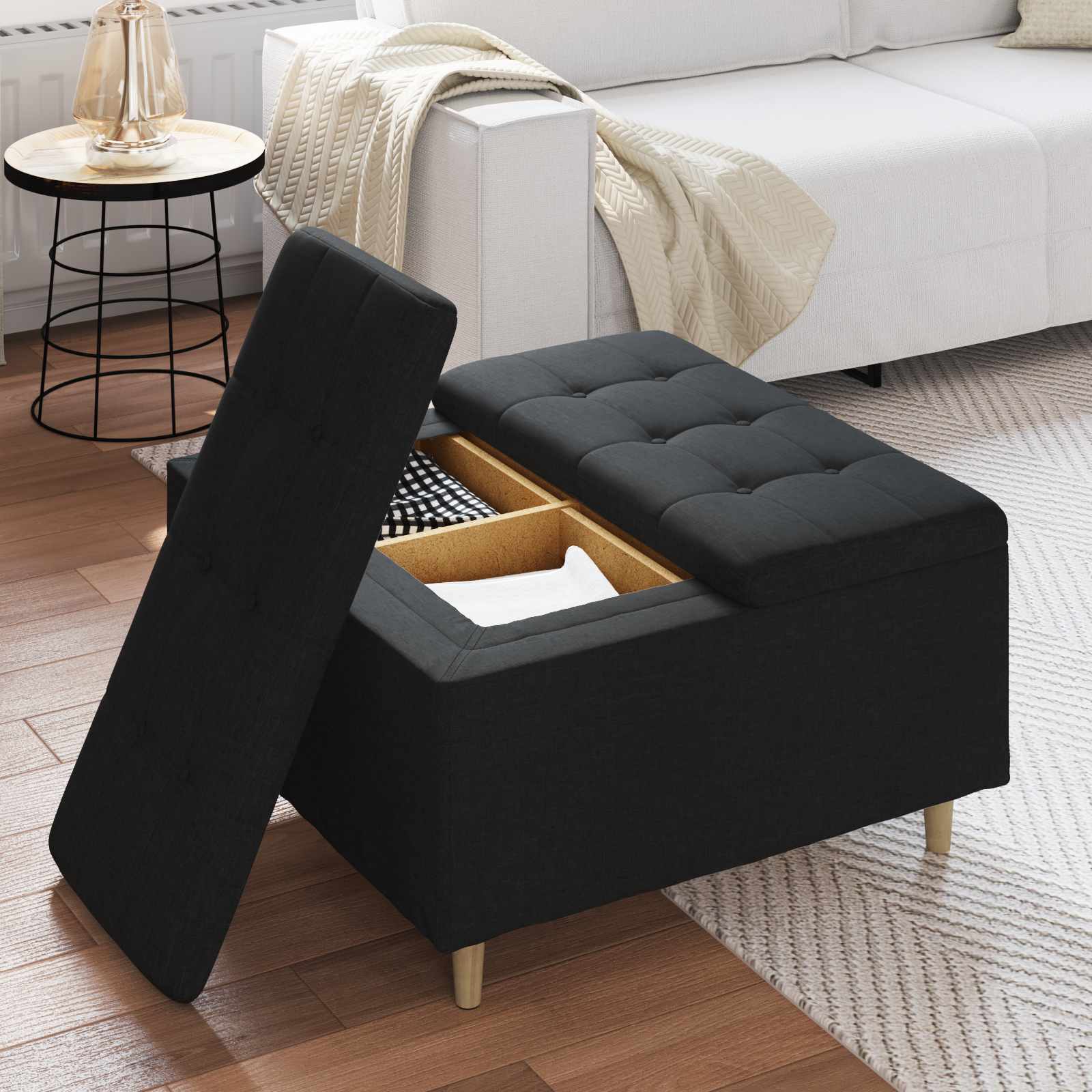 Otoman za pohranu s jastukom Crna 80 x 80 x 45 cm tkanina