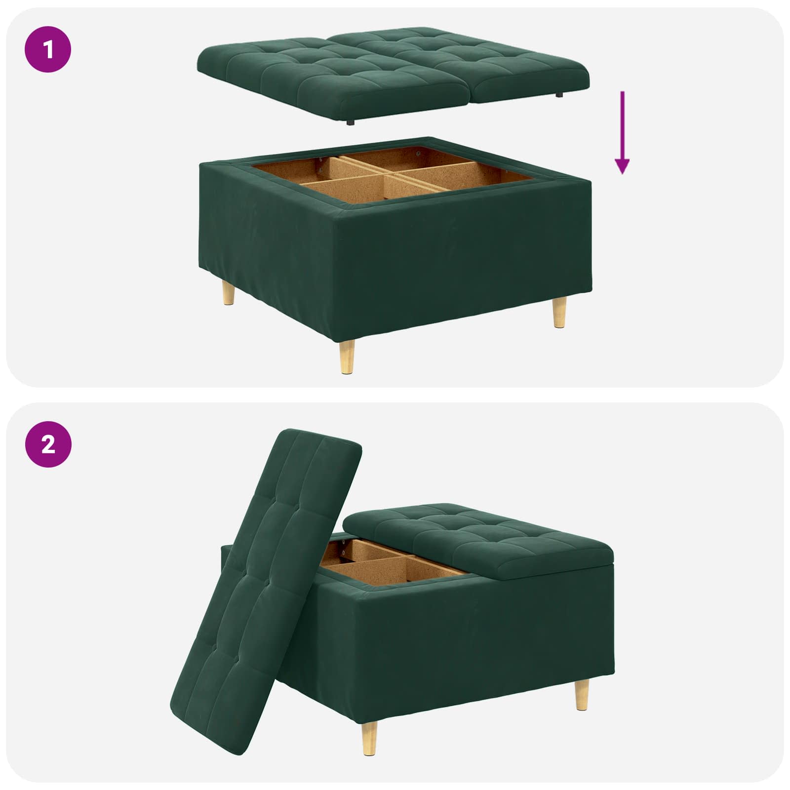 Otoman za pohranu s jastukom Tamnozelena 80 x 80 x 45 cm Baršun