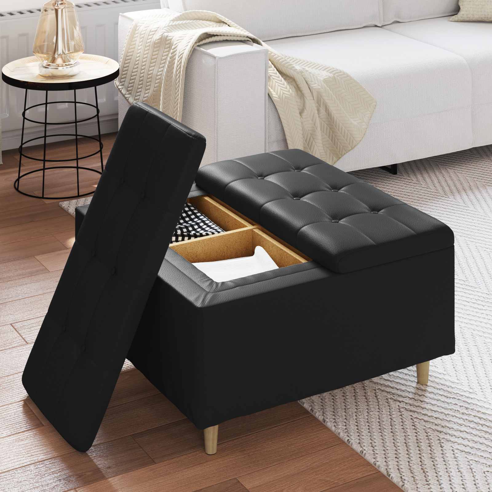 Otoman za pohranu s jastukom Crna 80 x 80 x 45 cm Umjetna koža