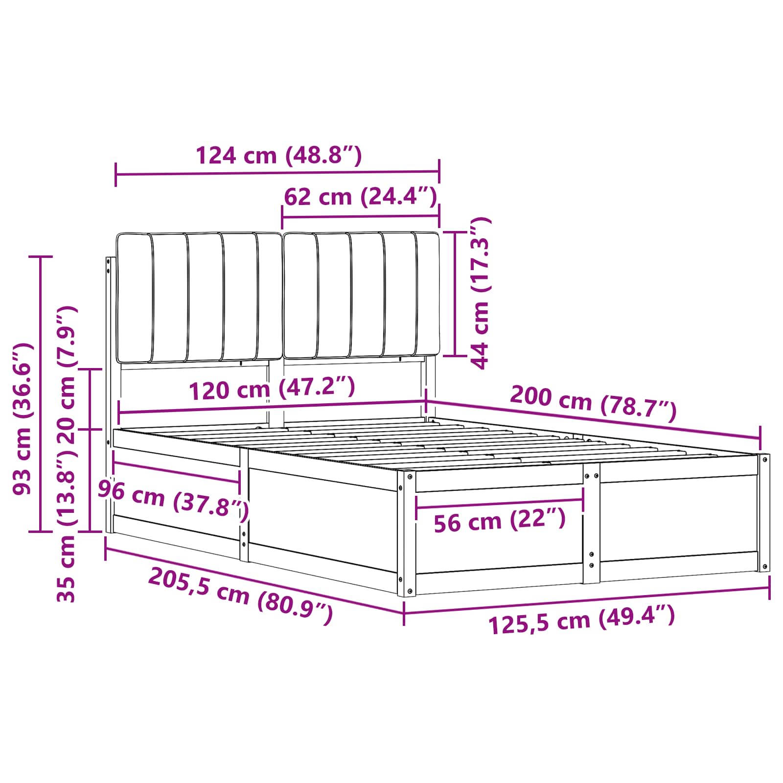 Krevetni okvir s tapiciranim uzglavljem Tamno siva 120 x 200 cm