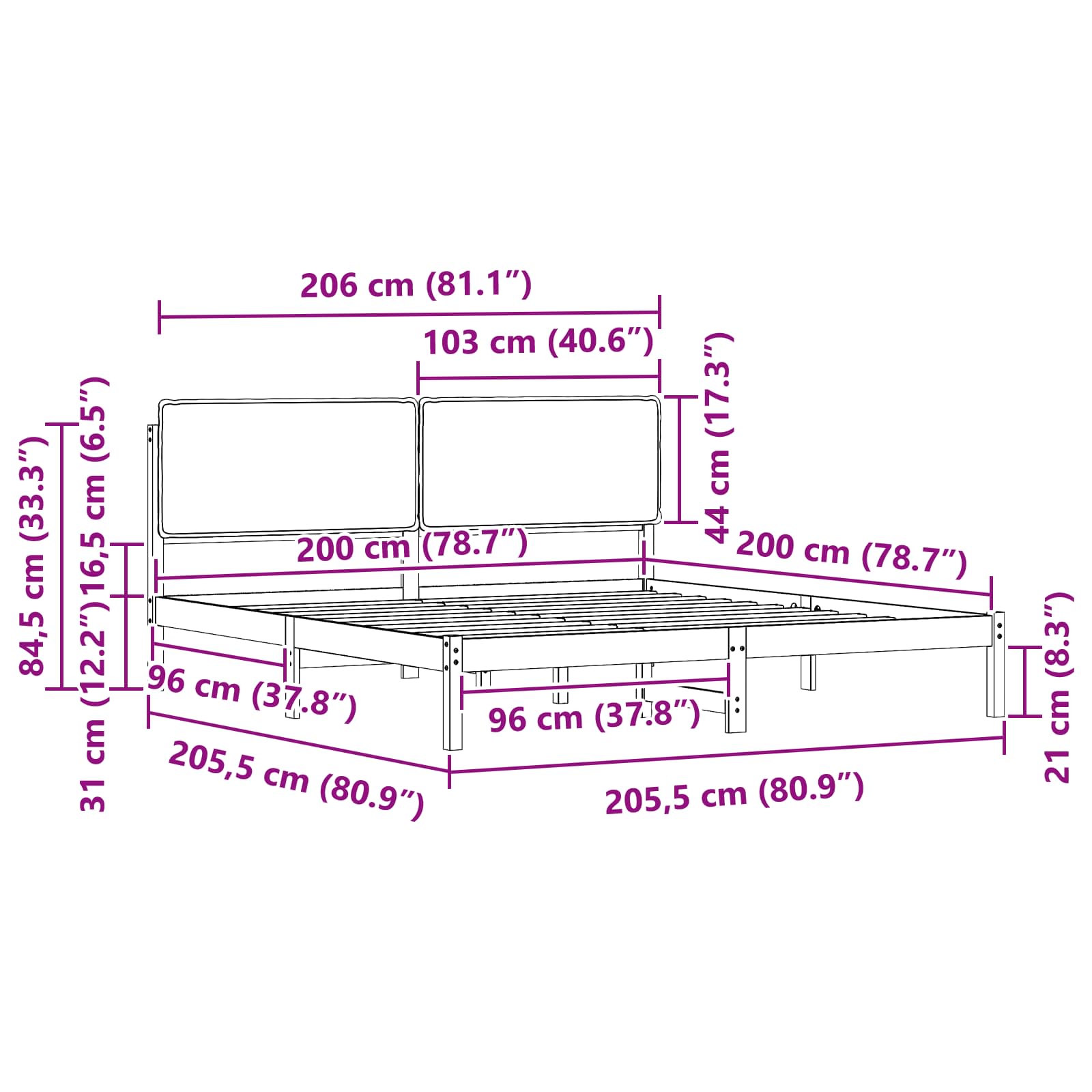Krevetni okvir s tapiciranim uzglavljem Crna 200 x 200 cm