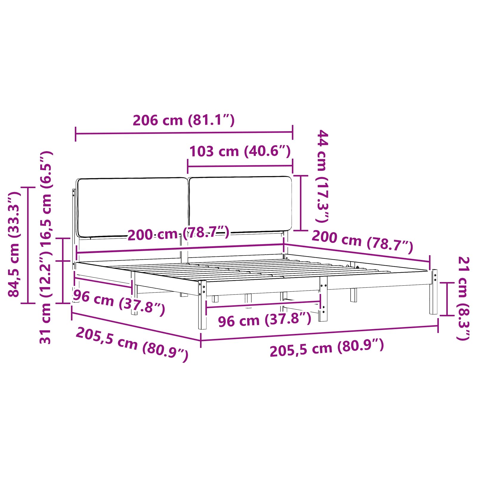 Krevetni okvir s tapiciranim uzglavljem Crna 200 x 200 cm