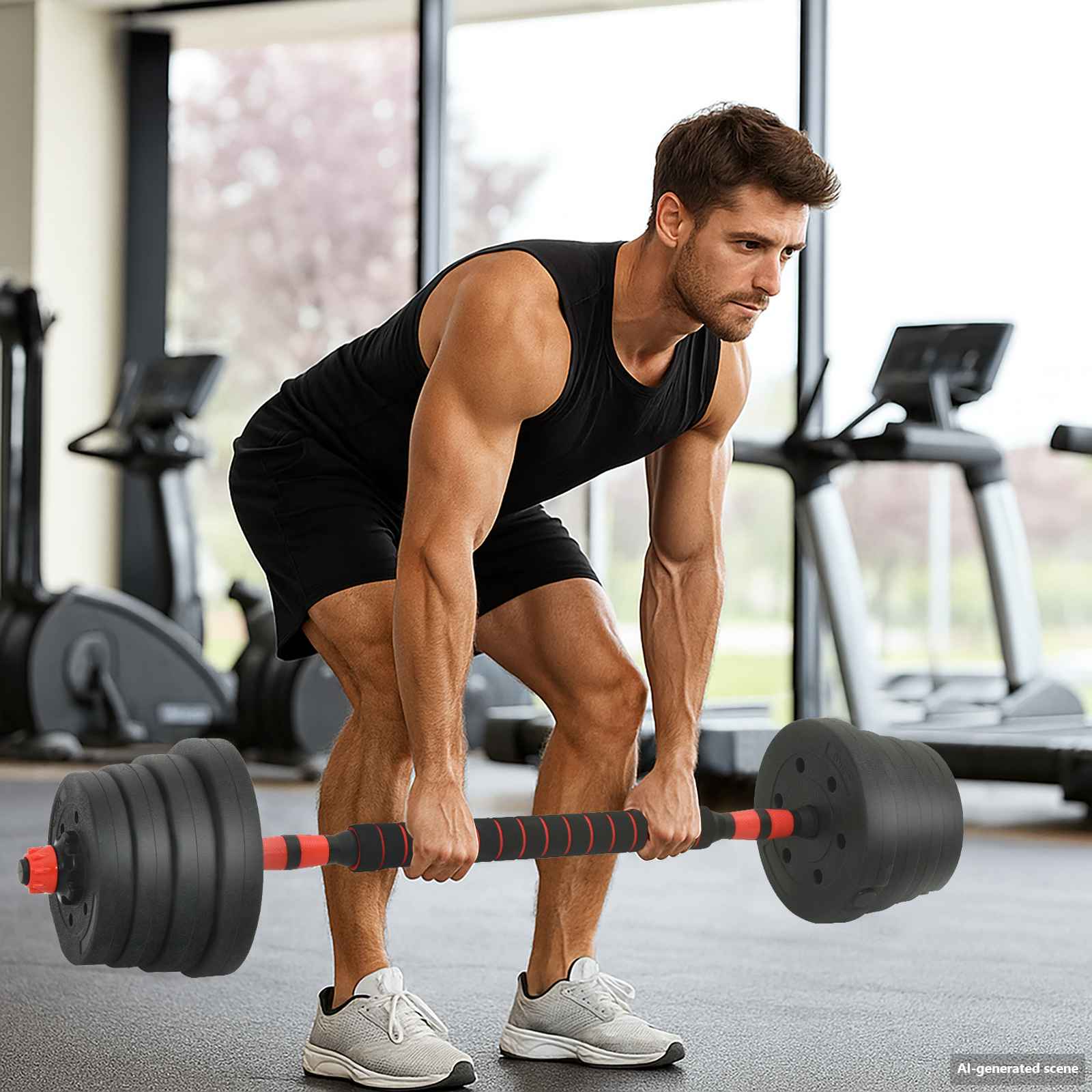 4-u-1 set bučica, brojčana i kettlebell 30 kg Crna i crvena