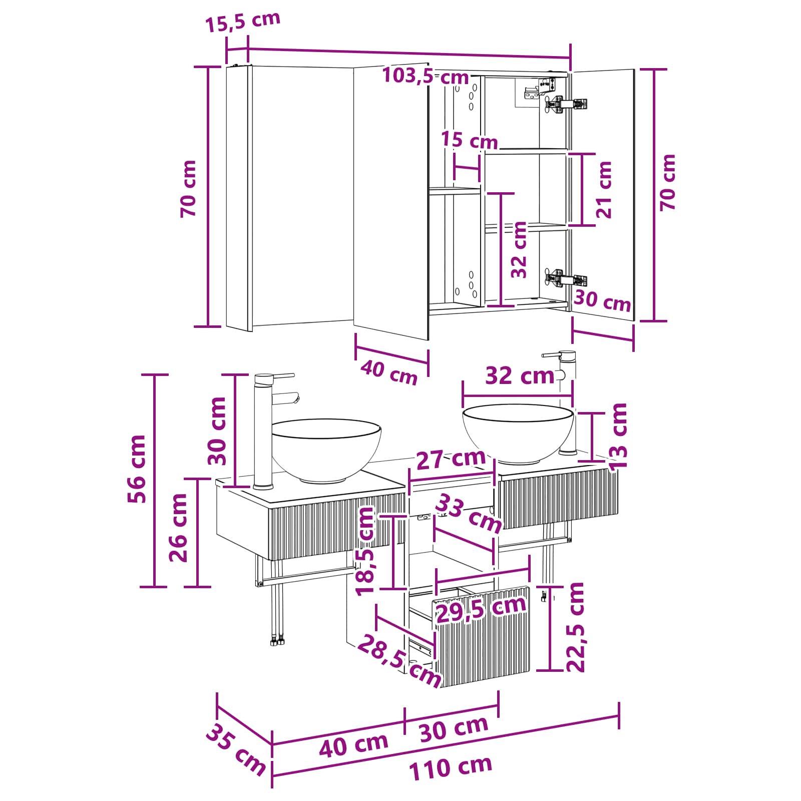 Set ormarića za kupaonicu 4 pcs Bijela 103,5 x 15,5 x 70 cm