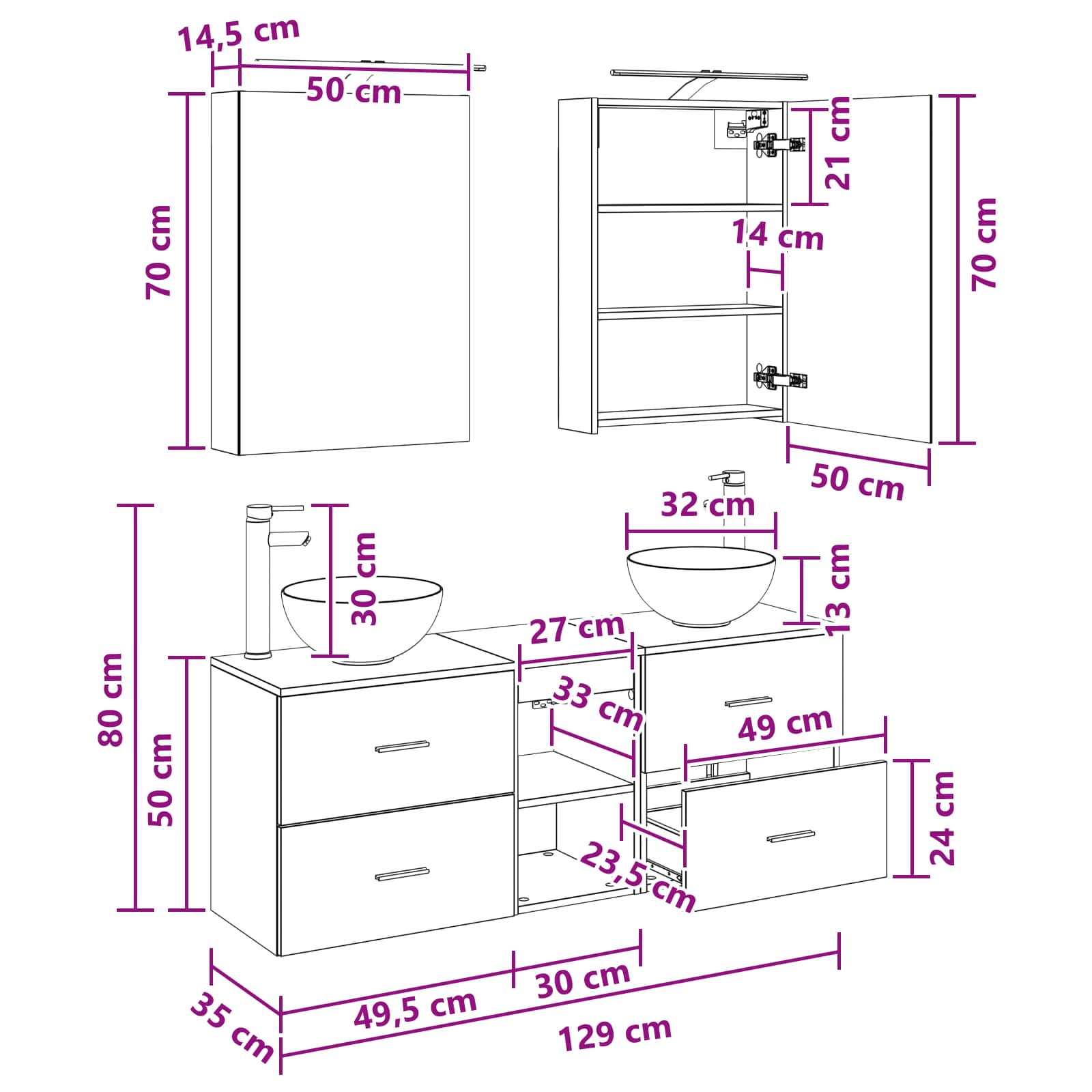Set ormarića za kupaonicu 5 pcs Bijela 50 x 14,5 x 70 cm