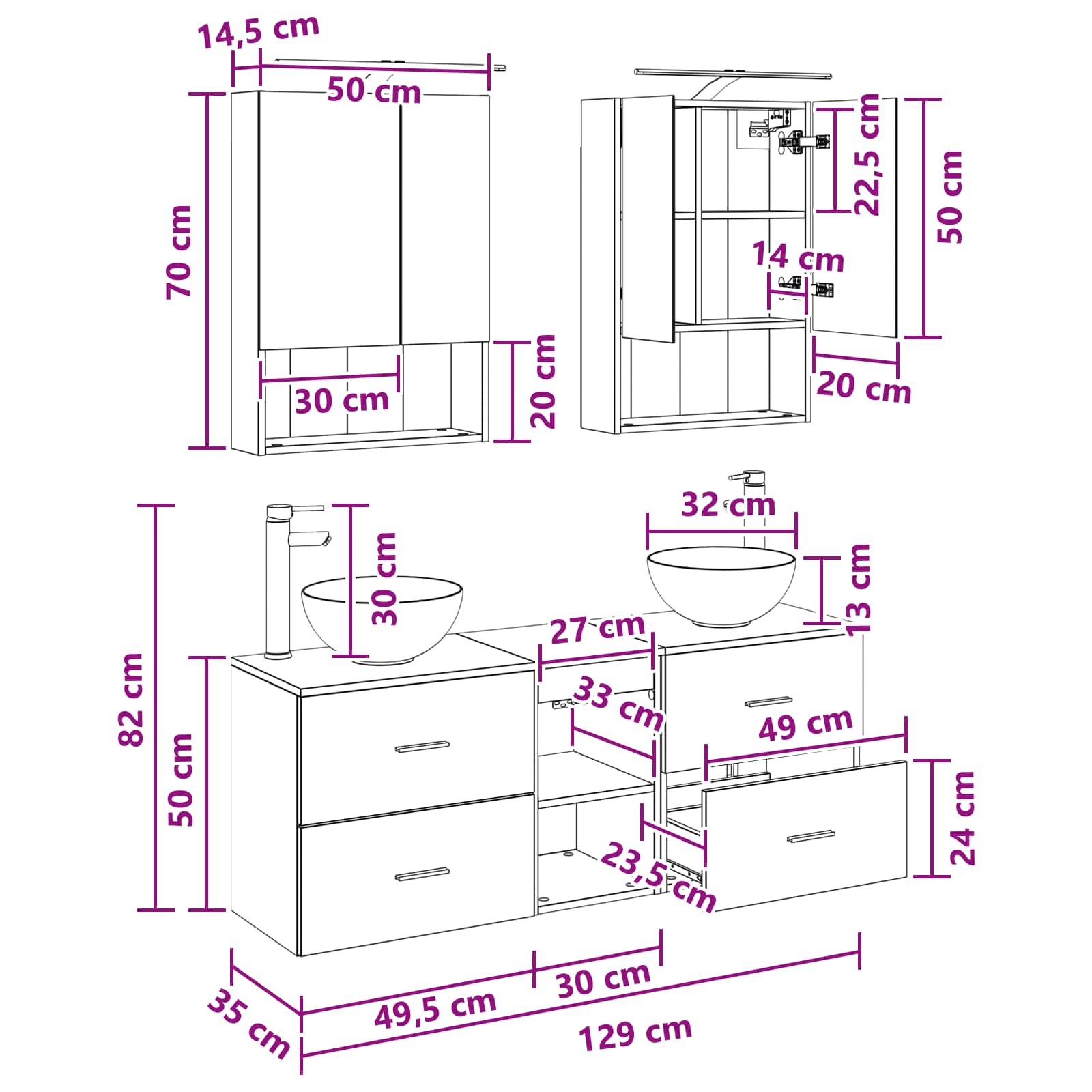 Set ormarića za kupaonicu 5 pcs Staro drvo 50 x 14,5 x 70 cm