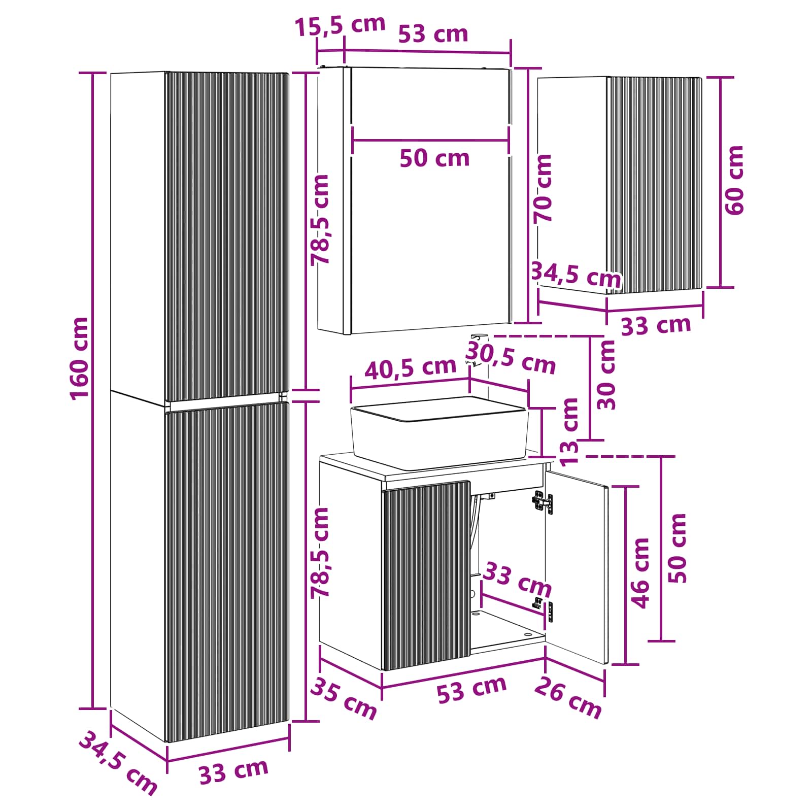 Set ormarića za kupaonicu 5 pcs Siva Sonoma 53 x 15,5 x 70 cm