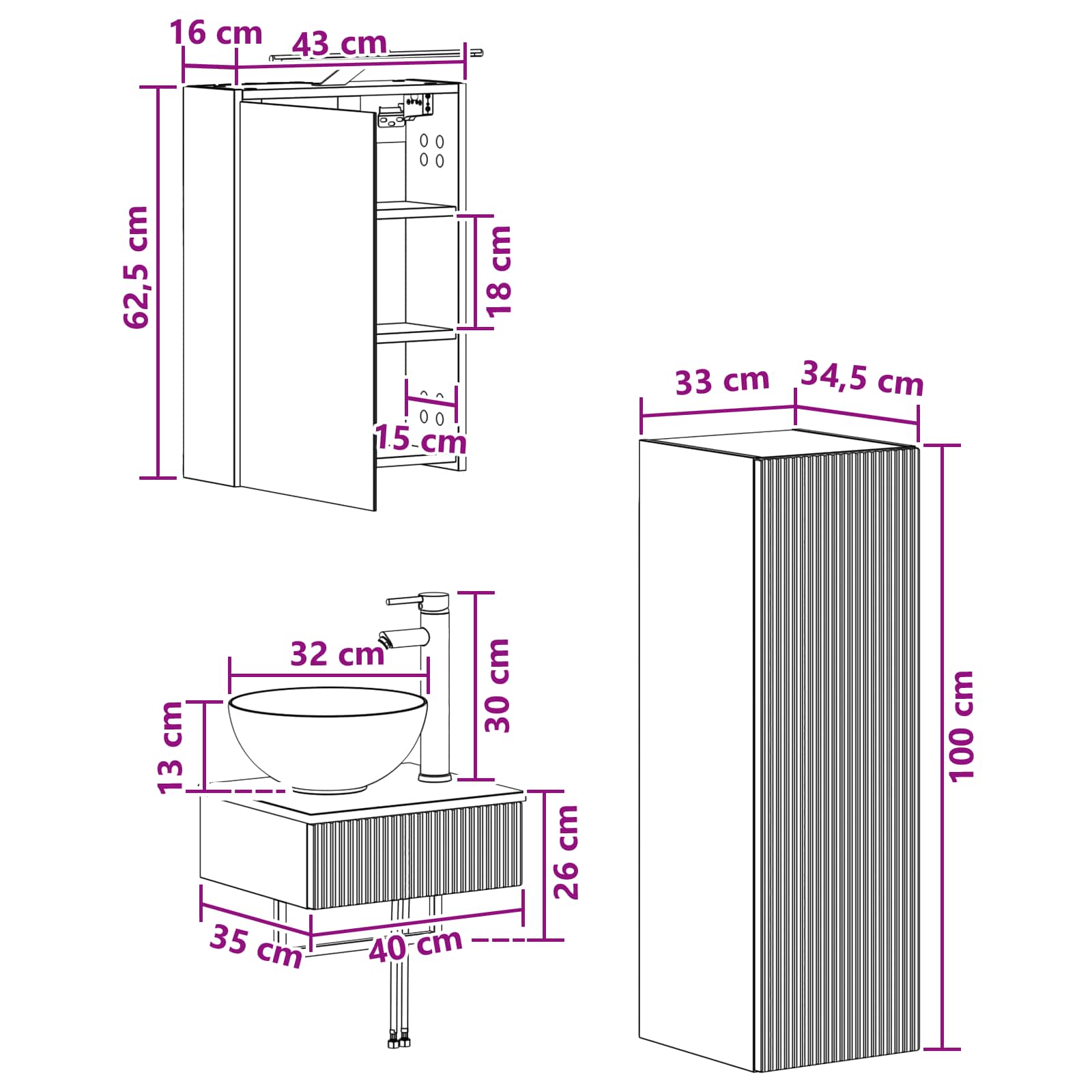Set ormarića za kupaonicu 4 pcs Bijela 43 x 16 x 62,5 cm