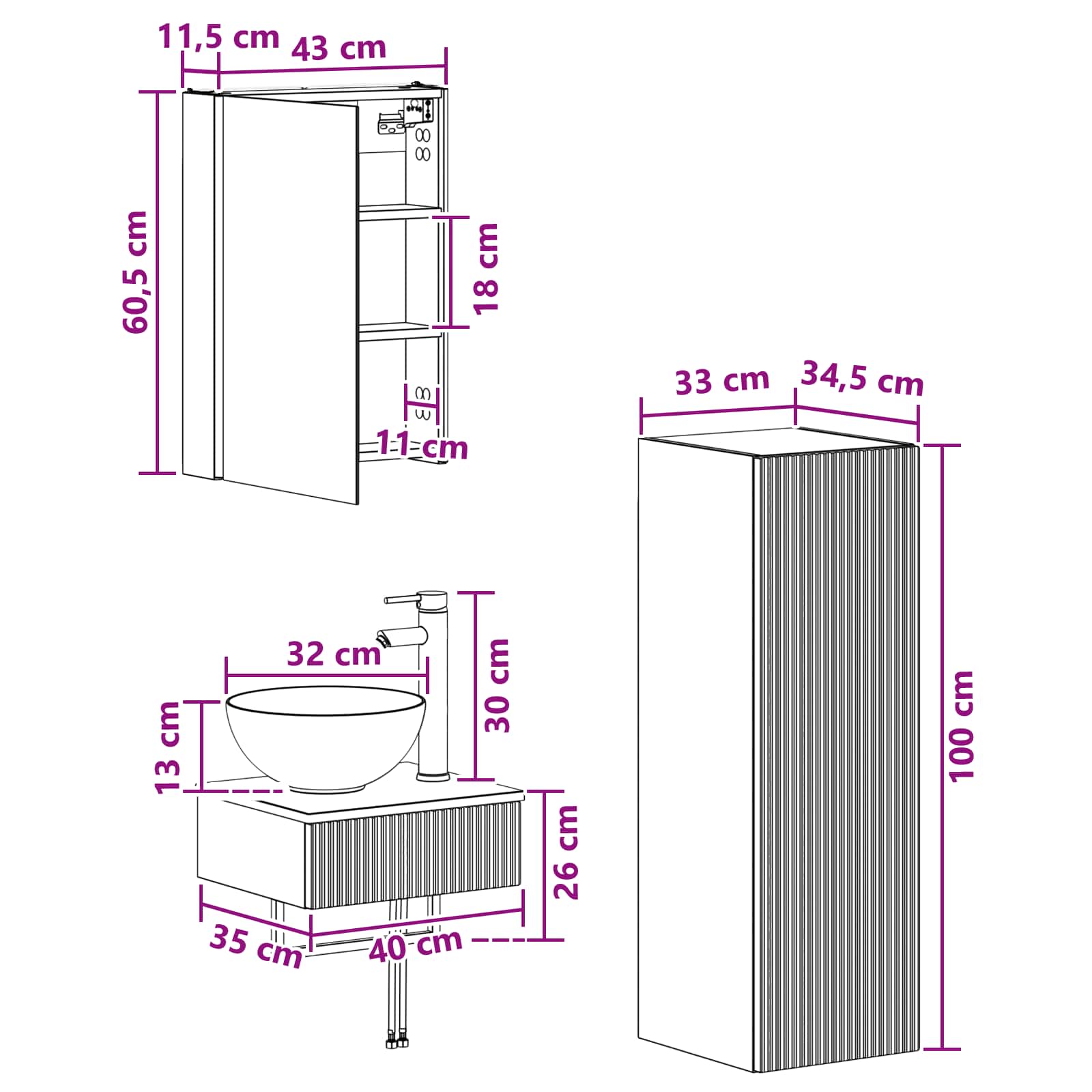 Set ormarića za kupaonicu 4 pcs Siva Sonoma 43 x 11,5 x 60,5 cm