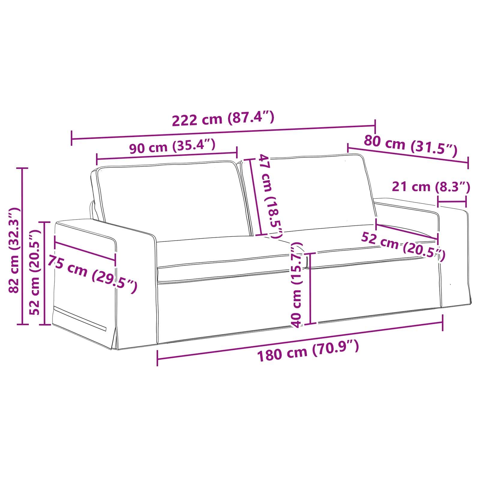 Set sofe 2 pcs Crna 222 x 80 x 82 cm tkanina