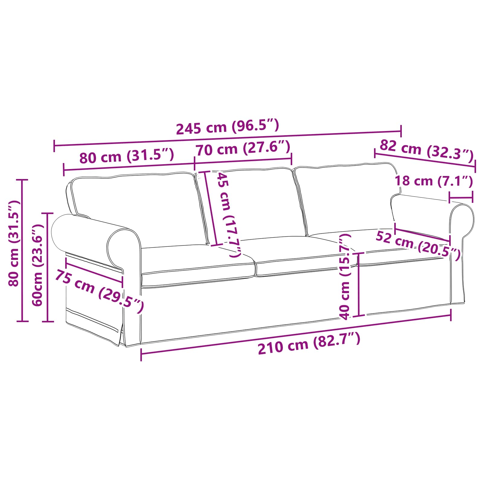 Sofa Tamno siva 245 x 82 x 80 cm tkanina