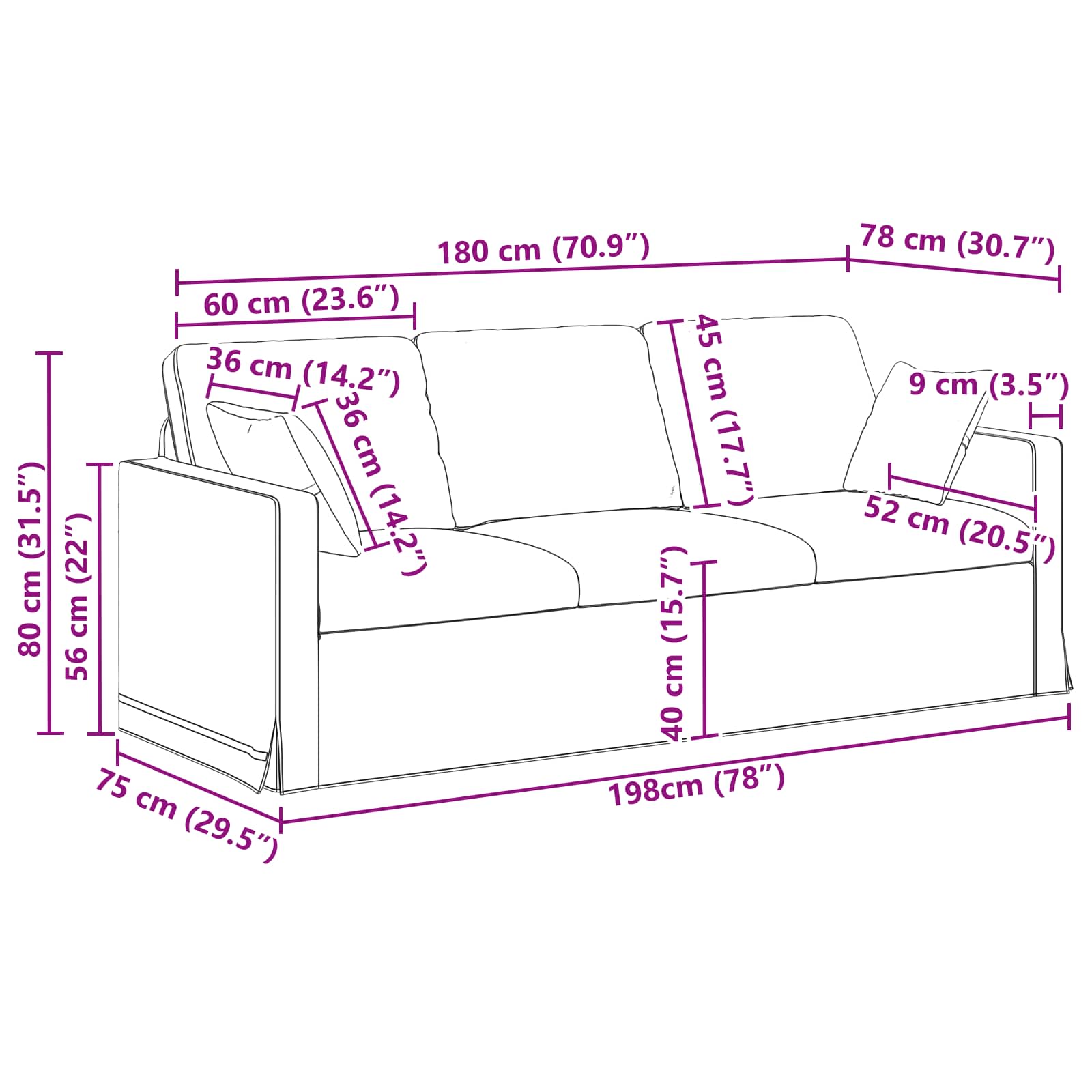 Sofa Tamno siva 198 x 78 x 80 cm Baršun