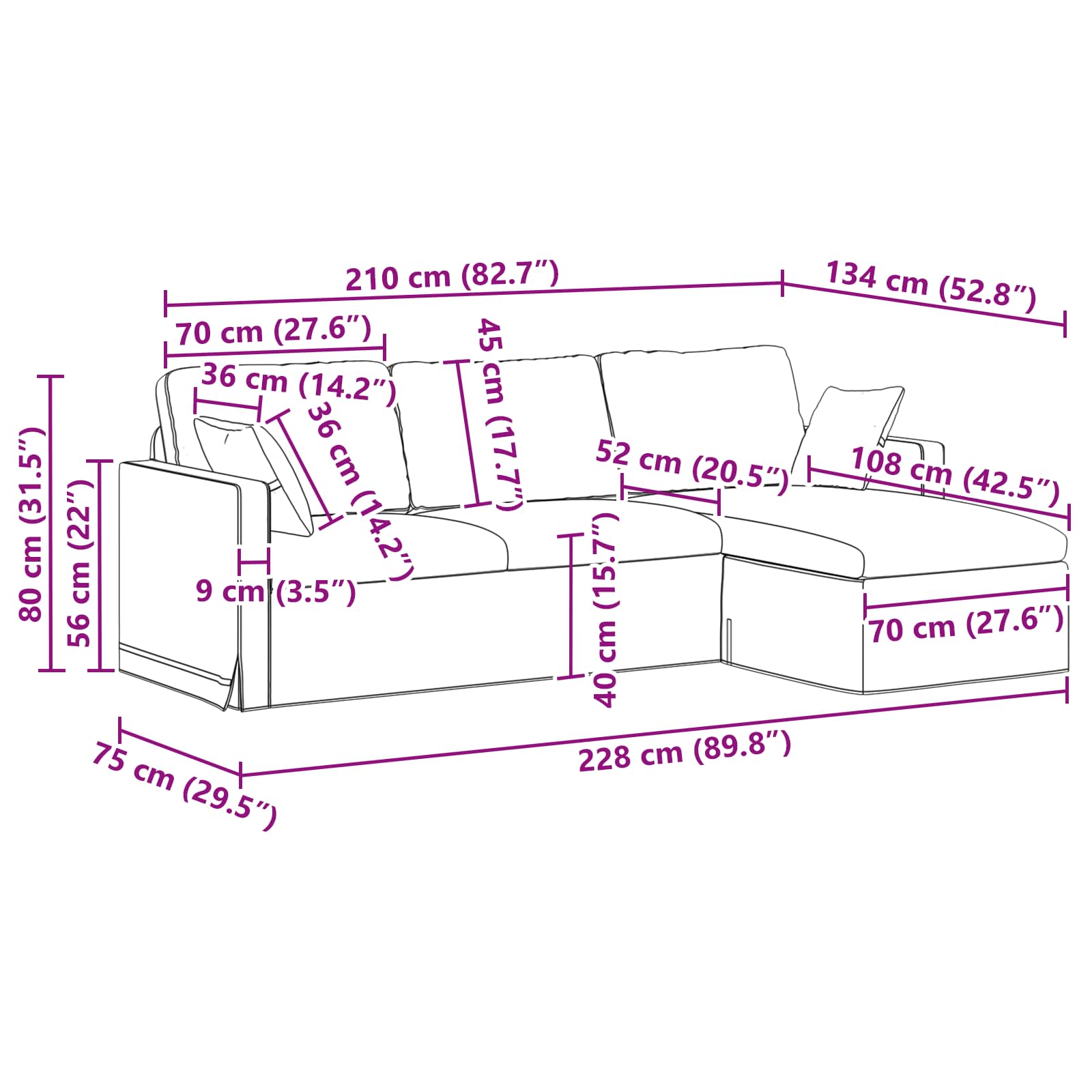 Sofa Tamno siva 228 x 134 x 80 cm Baršun