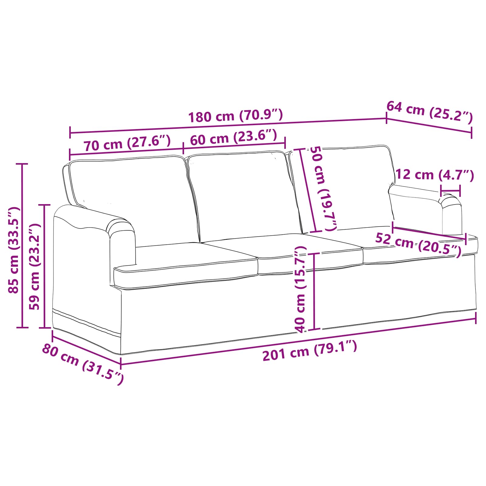 Sofa Tamnozelena 201 x 80 x 85 cm tkanina