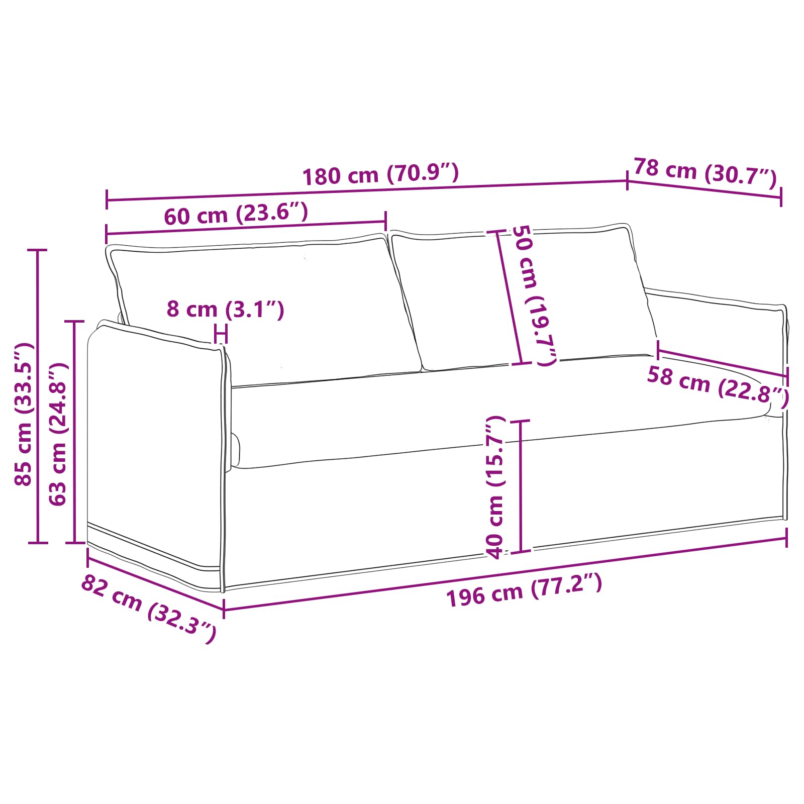 Sofa Tamno siva 196 x 82 x 85 cm tkanina