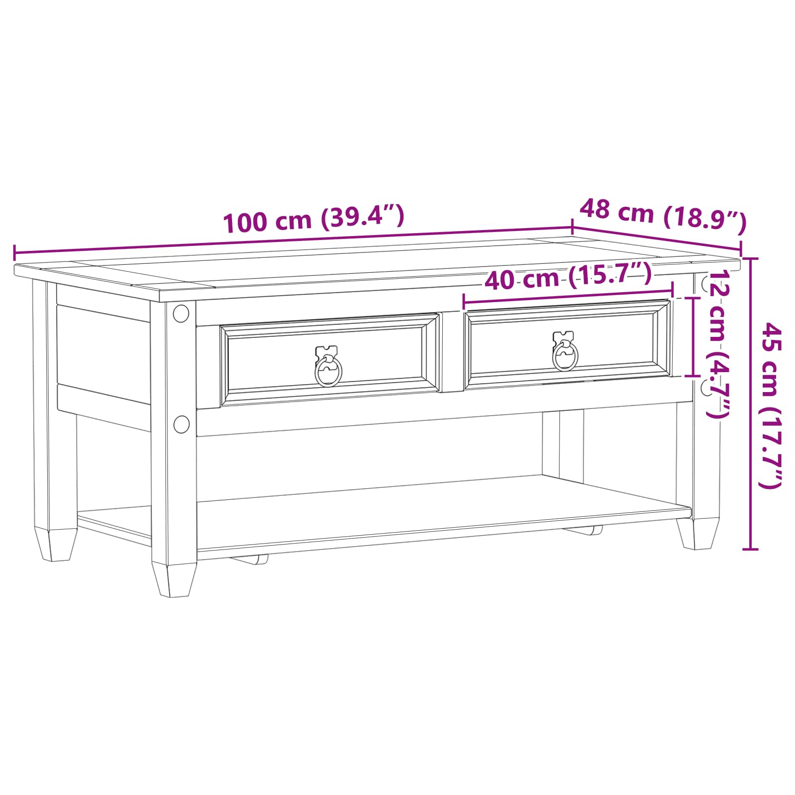 Kava Stol s ladicama Bijela 100 x 48 x 45 cm Masivna borovina