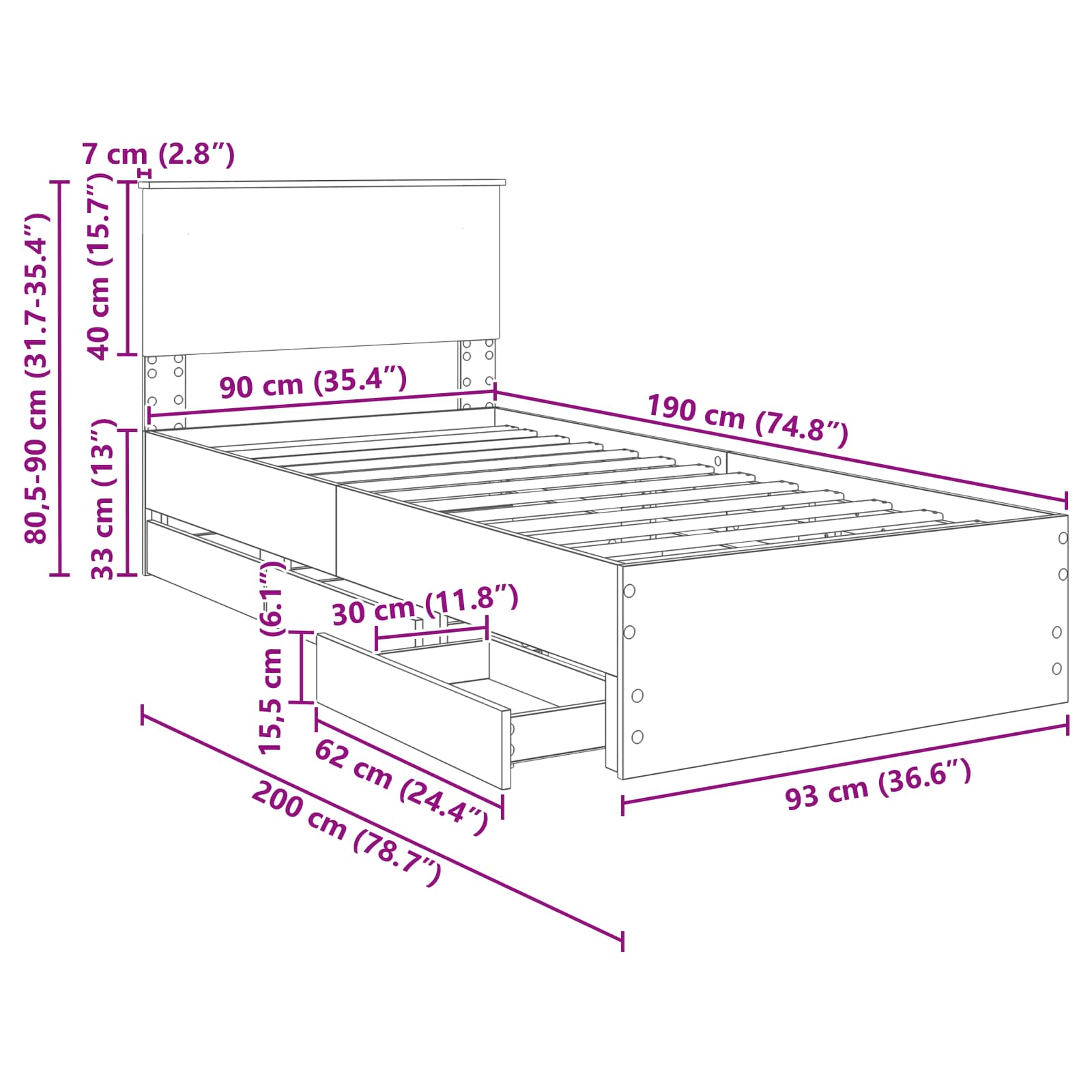 Krevetna konstrukcija Crna 90 x 190 cm Inženjersko Drvo