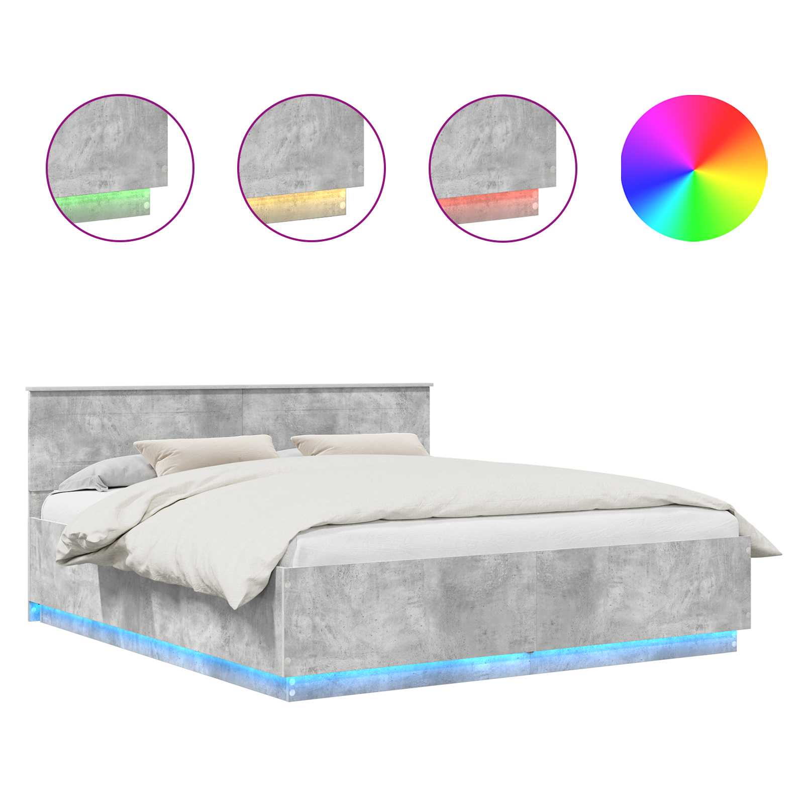 Krevetna konstrukcija s LED trakama Betonski sivi 200 x 200 cm