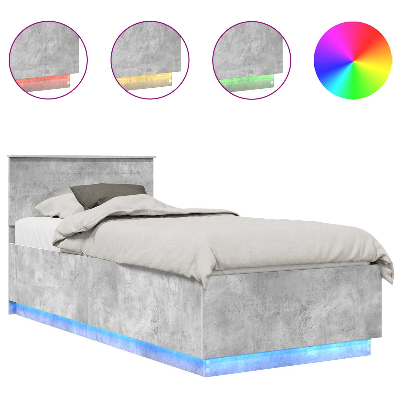 Krevetna konstrukcija s LED trakama Betonski sivi 90 x 200 cm