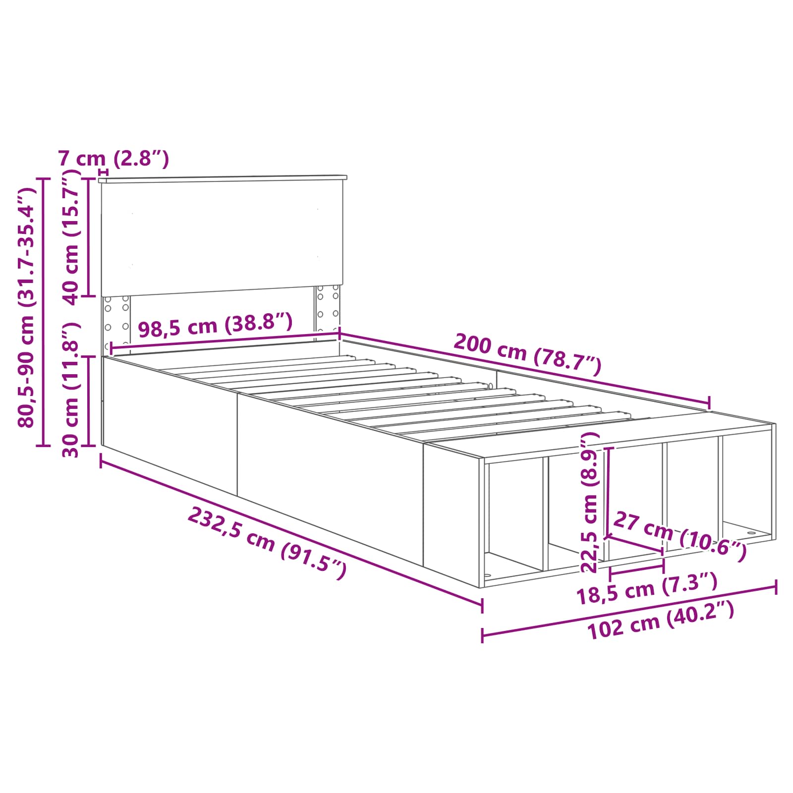 Krevetna konstrukcija s policom Betonski sivi 90 x 200 cm