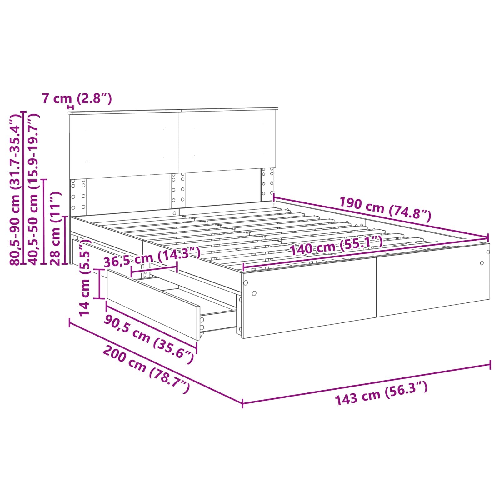 Krevet s od storage Bijelo 140 x 190 cm Konstruirano drvo