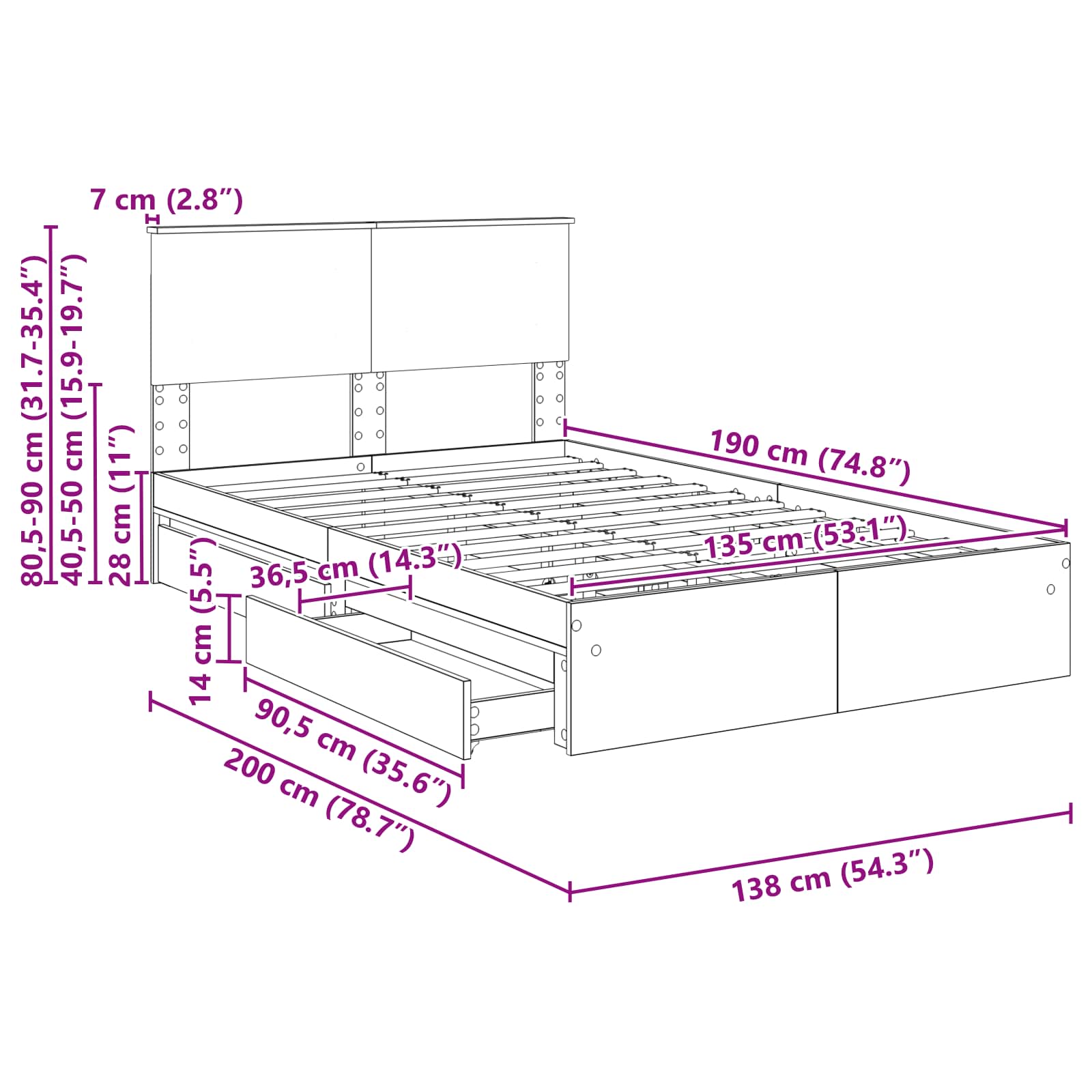 Krevet s od storage s uzglavljem Dimljeni hrast 135 x 190 cm