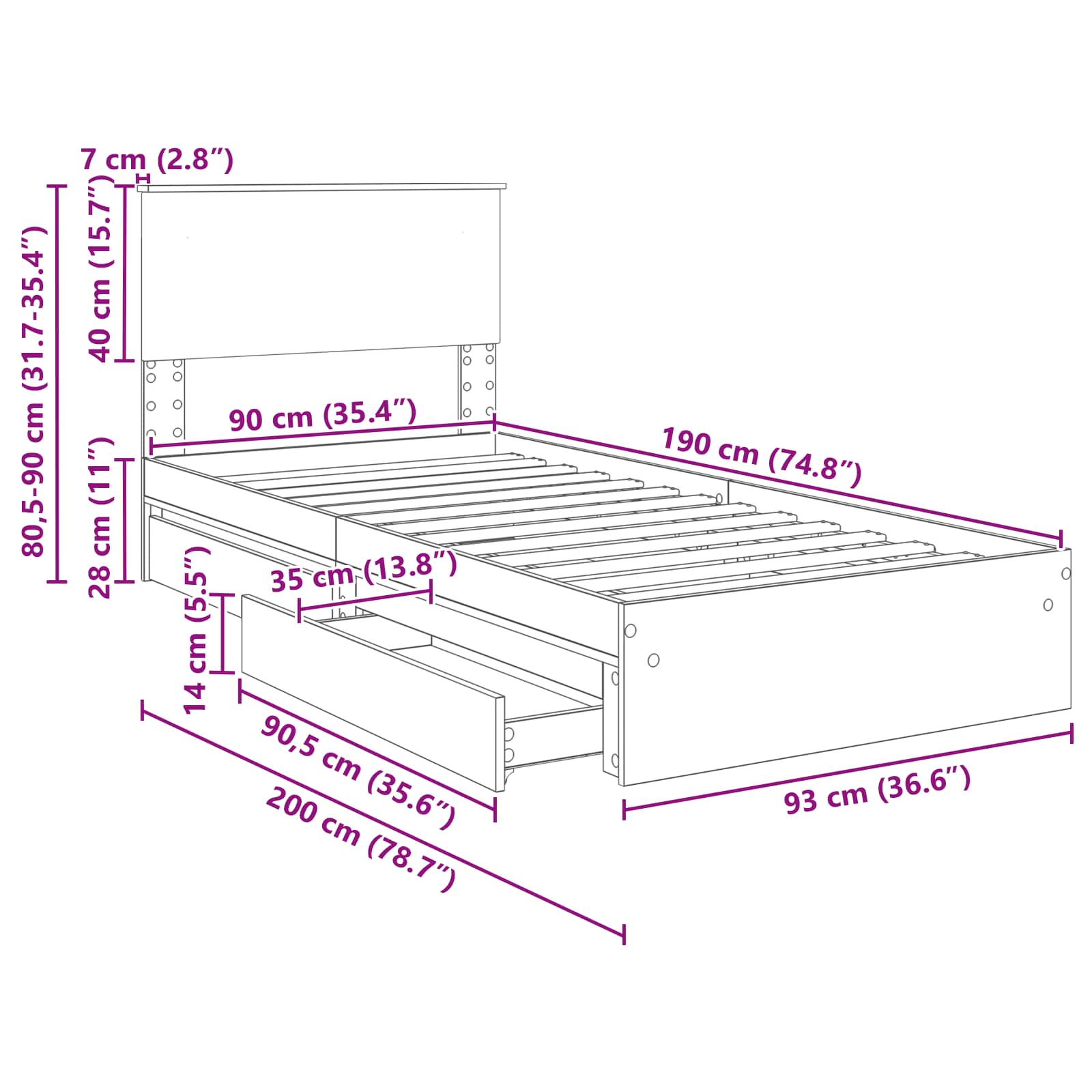Krevet s od storage s uzglavljem Dimljeni hrast 90 x 190 cm