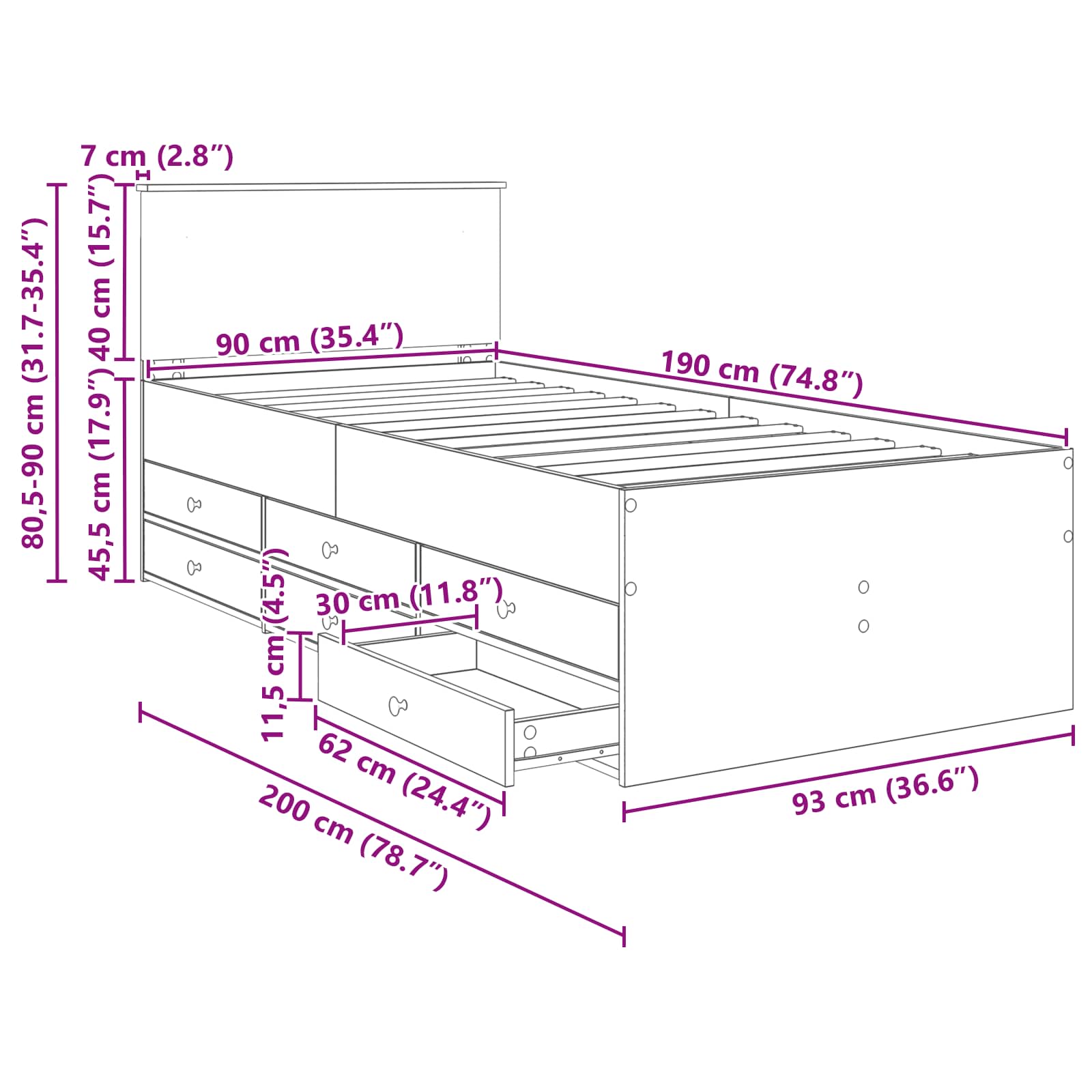 Krevet na dan Beton siva i crna 90 x 190 cm Konstruirano drvo