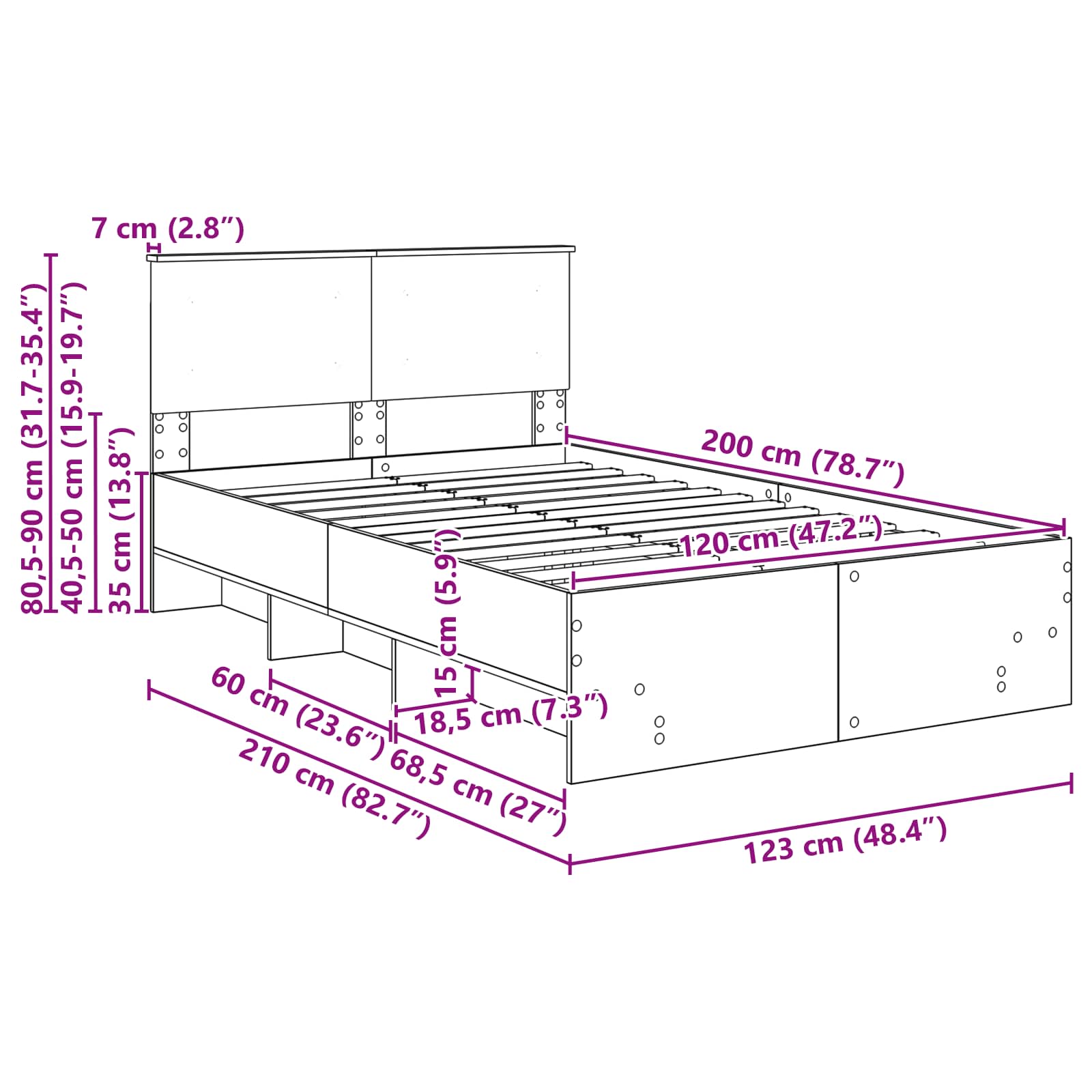 Krevetna konstrukcija s uzglavljem Dimljeni hrast 120 x 123 cm