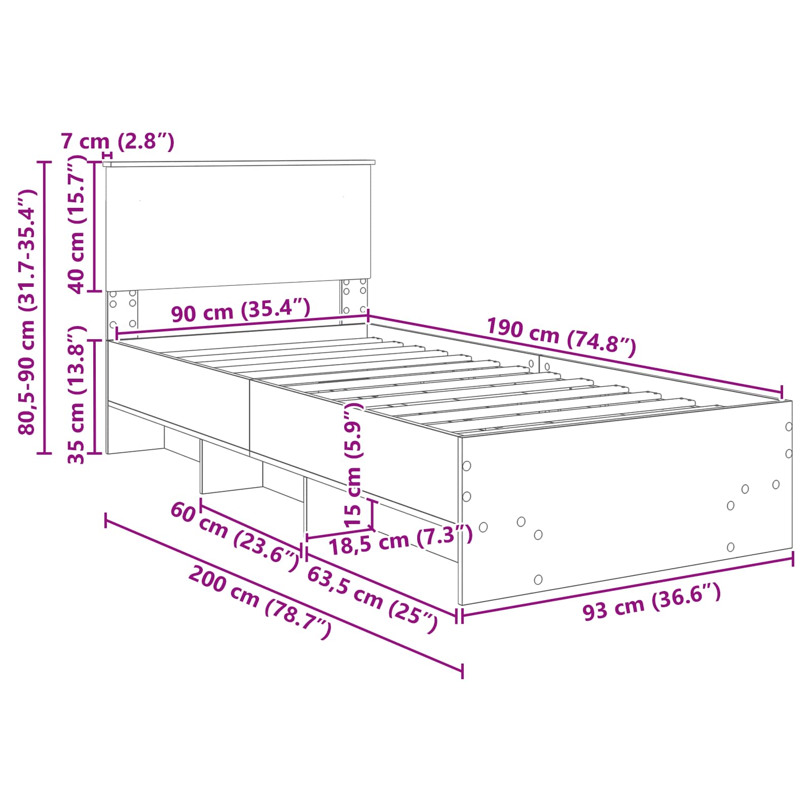 Krevetna konstrukcija s uzglavljem Betonski sivi 90 x 200 cm
