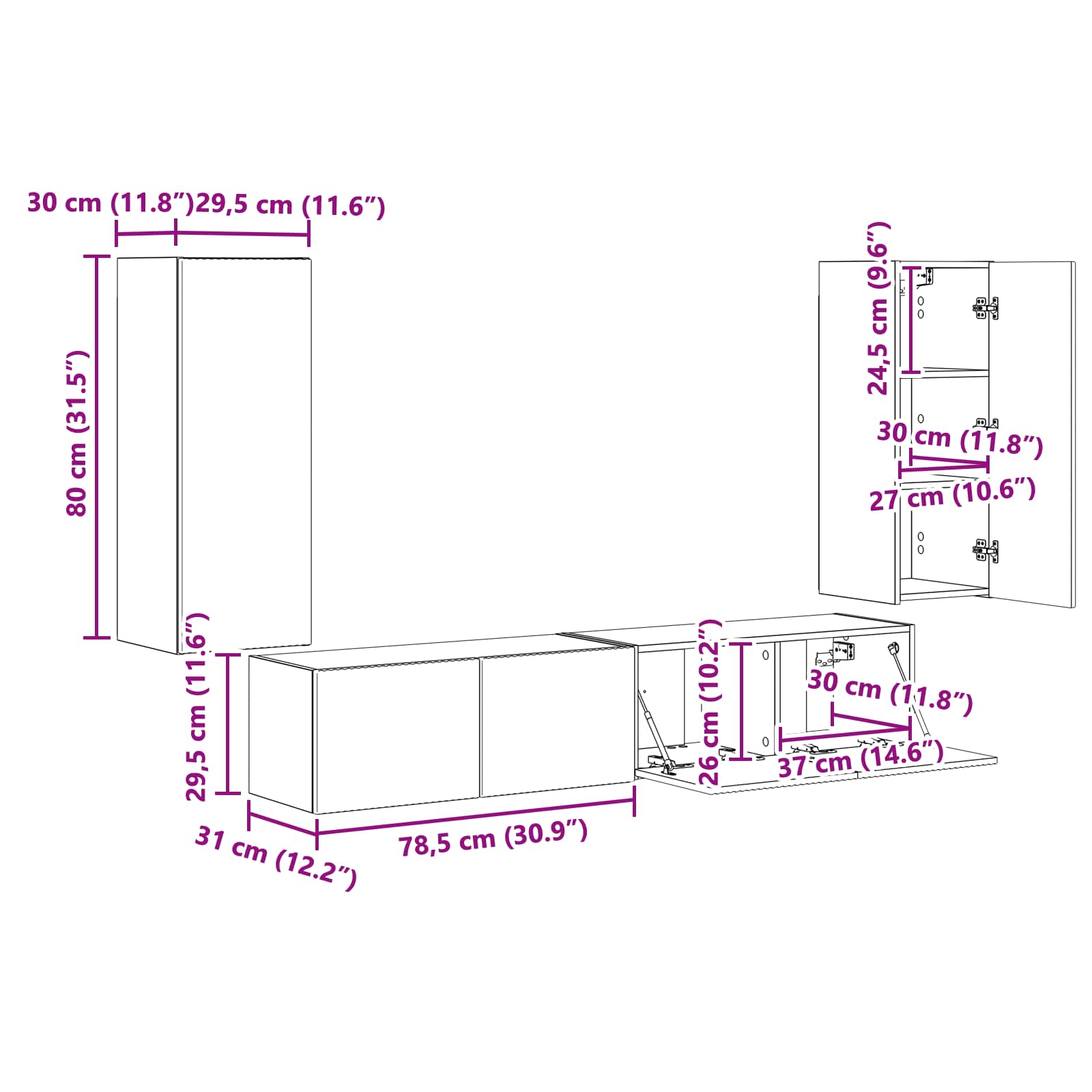 Set zidnog ormarića za TV Zidne 4 pcs Visoki sjaj bijela