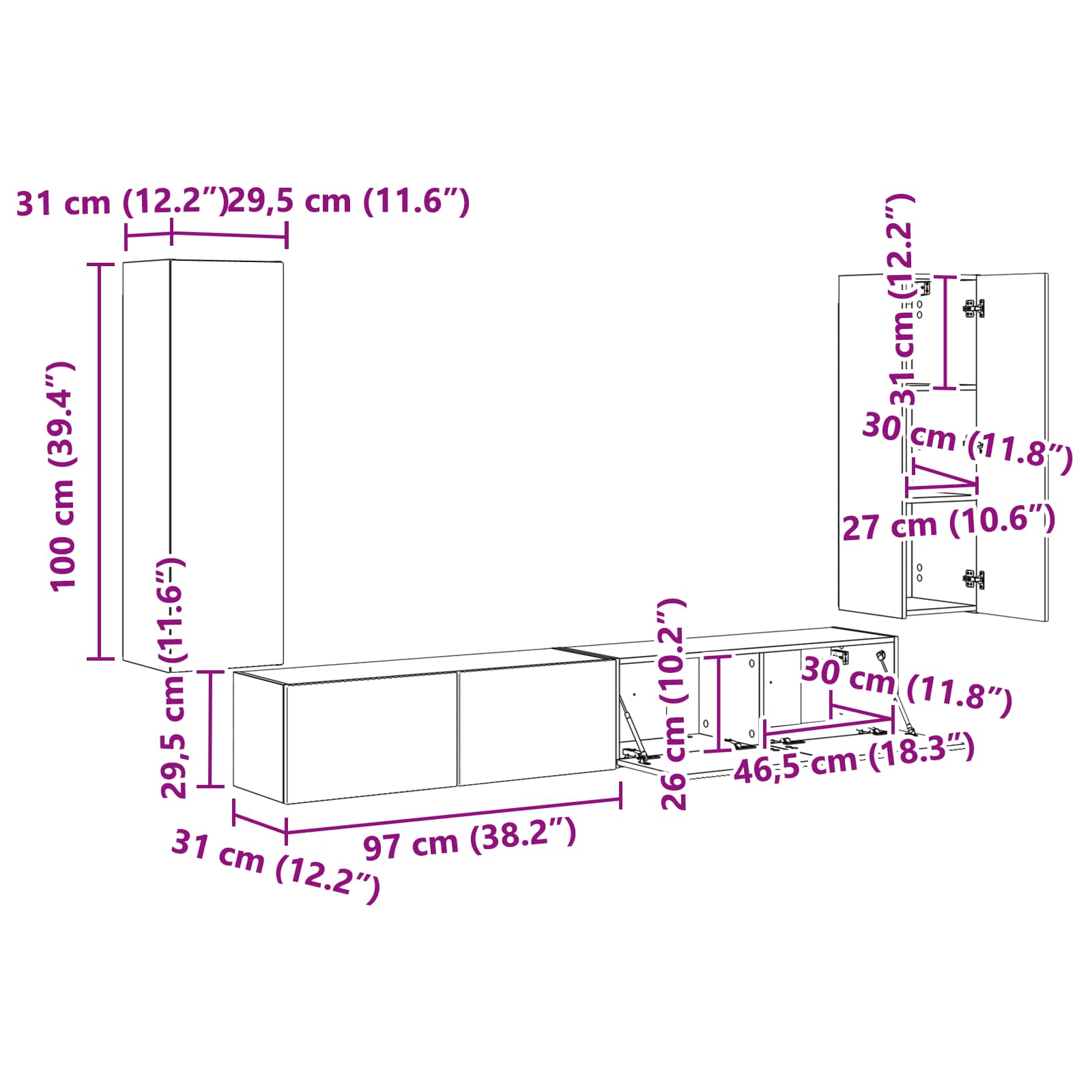 Set zidnog ormarića za TV Zidne 4 pcs Dimljeni hrast